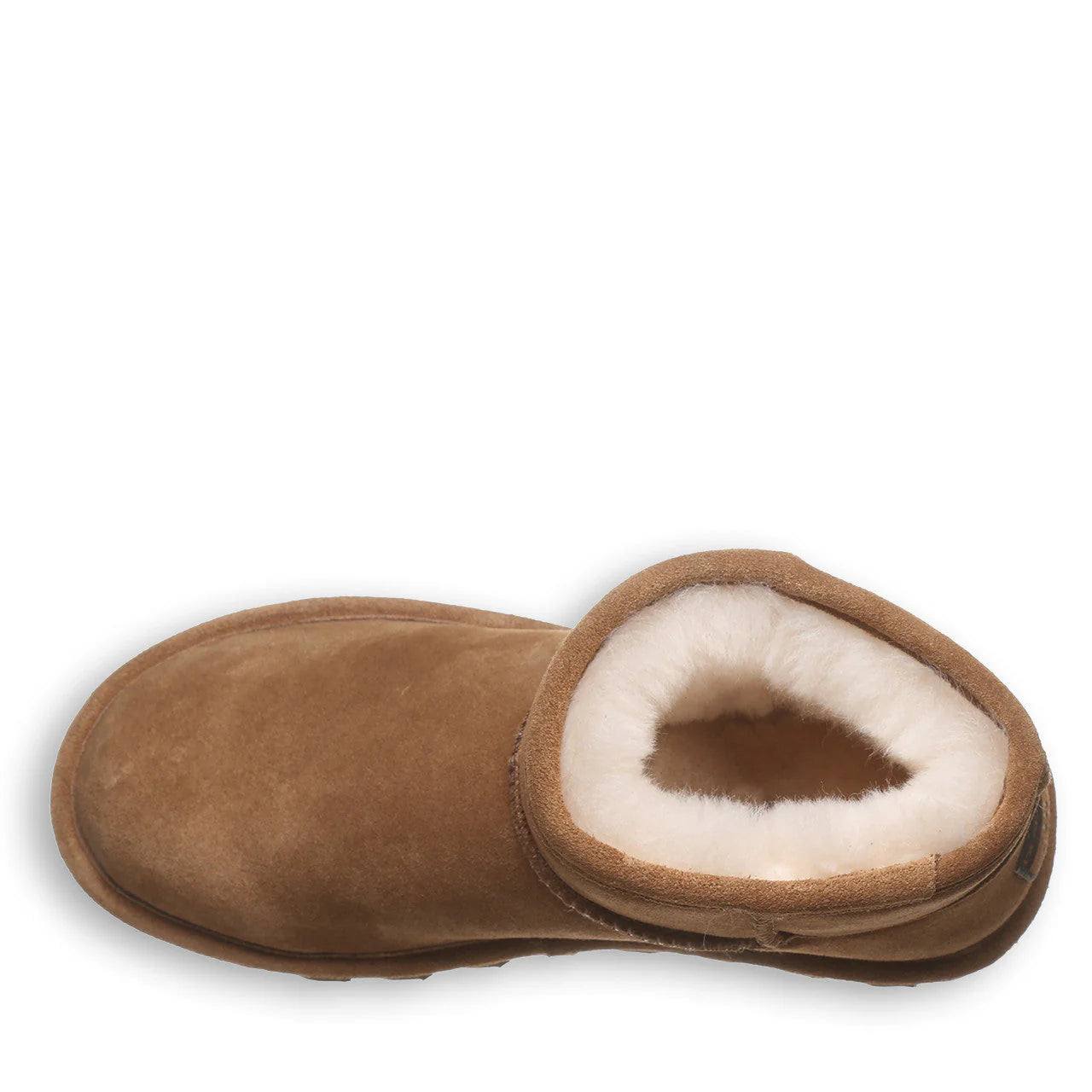 Bearpaw Women's Alyssa Boot in chestnut brown suede with a plush cream lining and low ankle-height silhouette