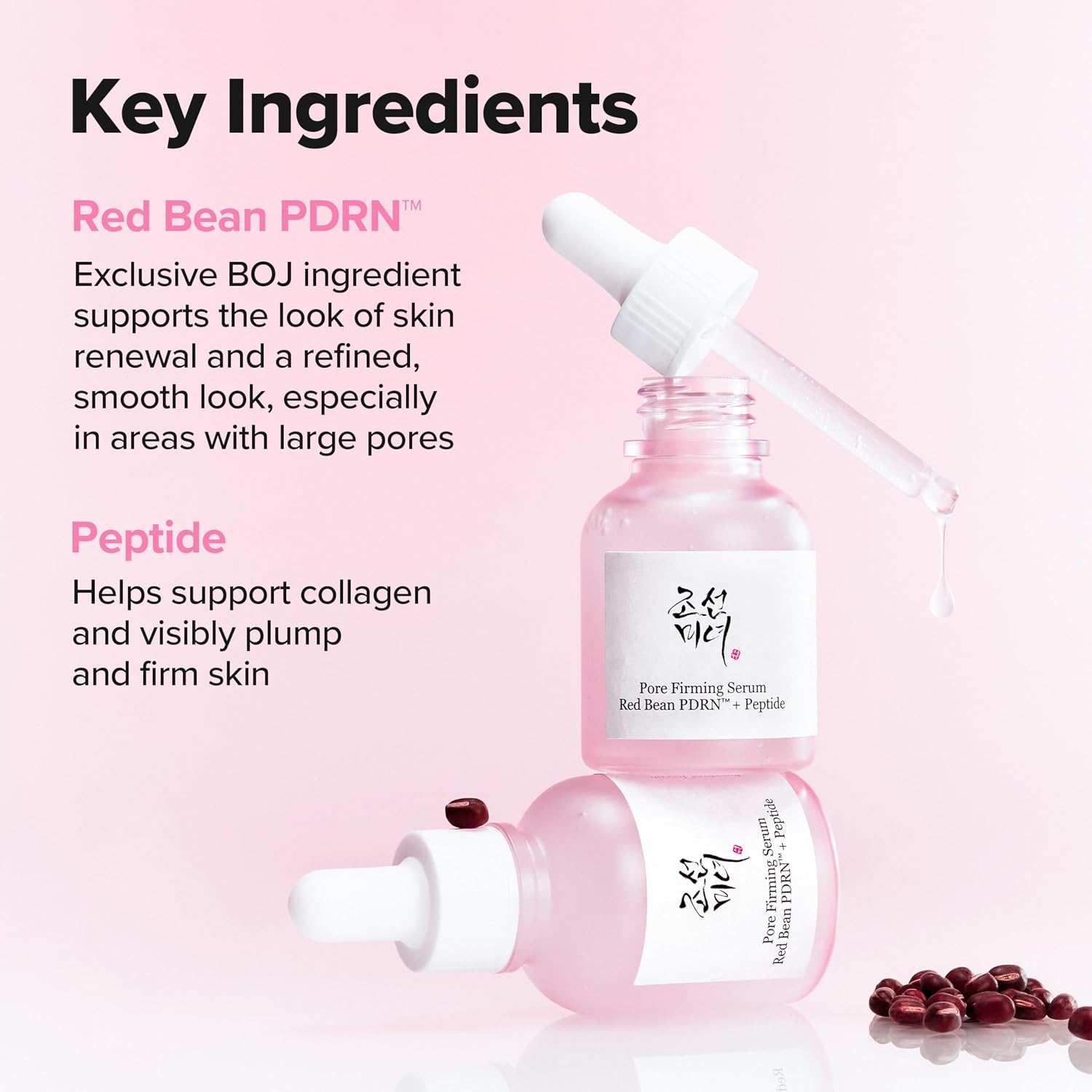 Beauty Of Joseon Pore Firming Serum in pink glass bottles with droppers, featuring Red Bean PDRN and Peptide formula