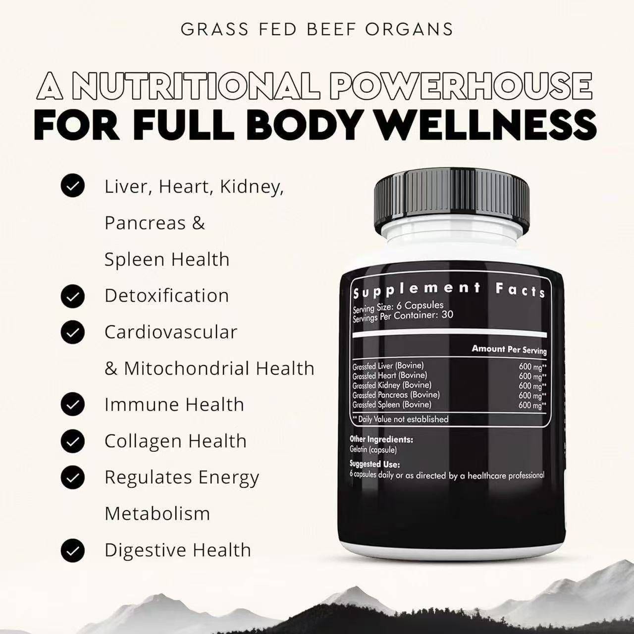 Bottle of beef offal capsules dietary supplement 90 count