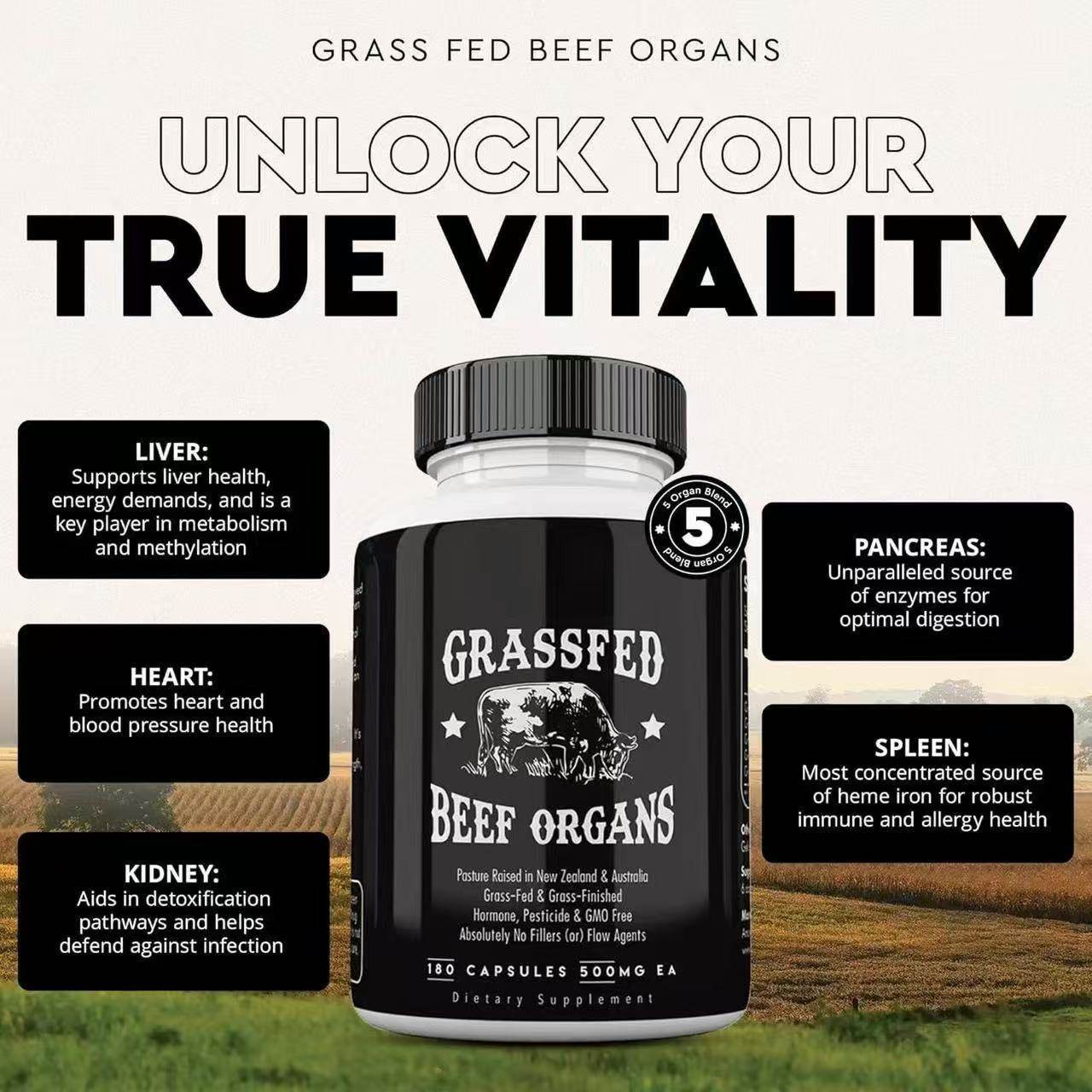 Bottle of 90 beef offal dietary supplement capsules