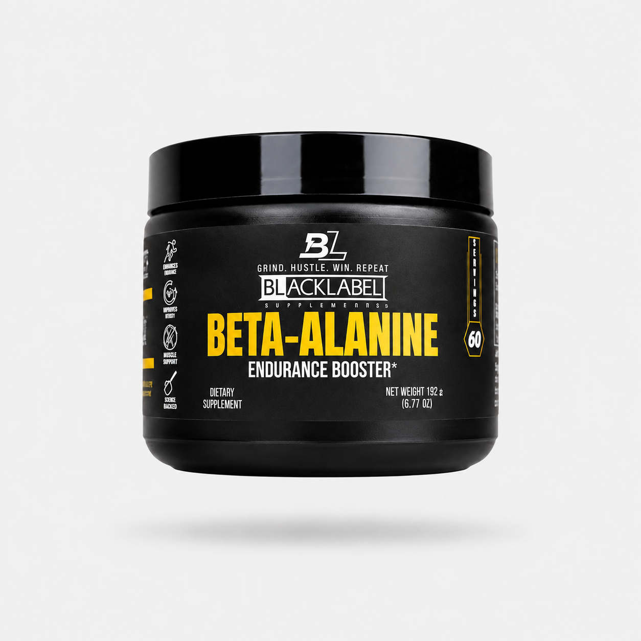 BETA-ALANINE endurance booster supplement in a black plastic tub with bold yellow lettering and a black lid