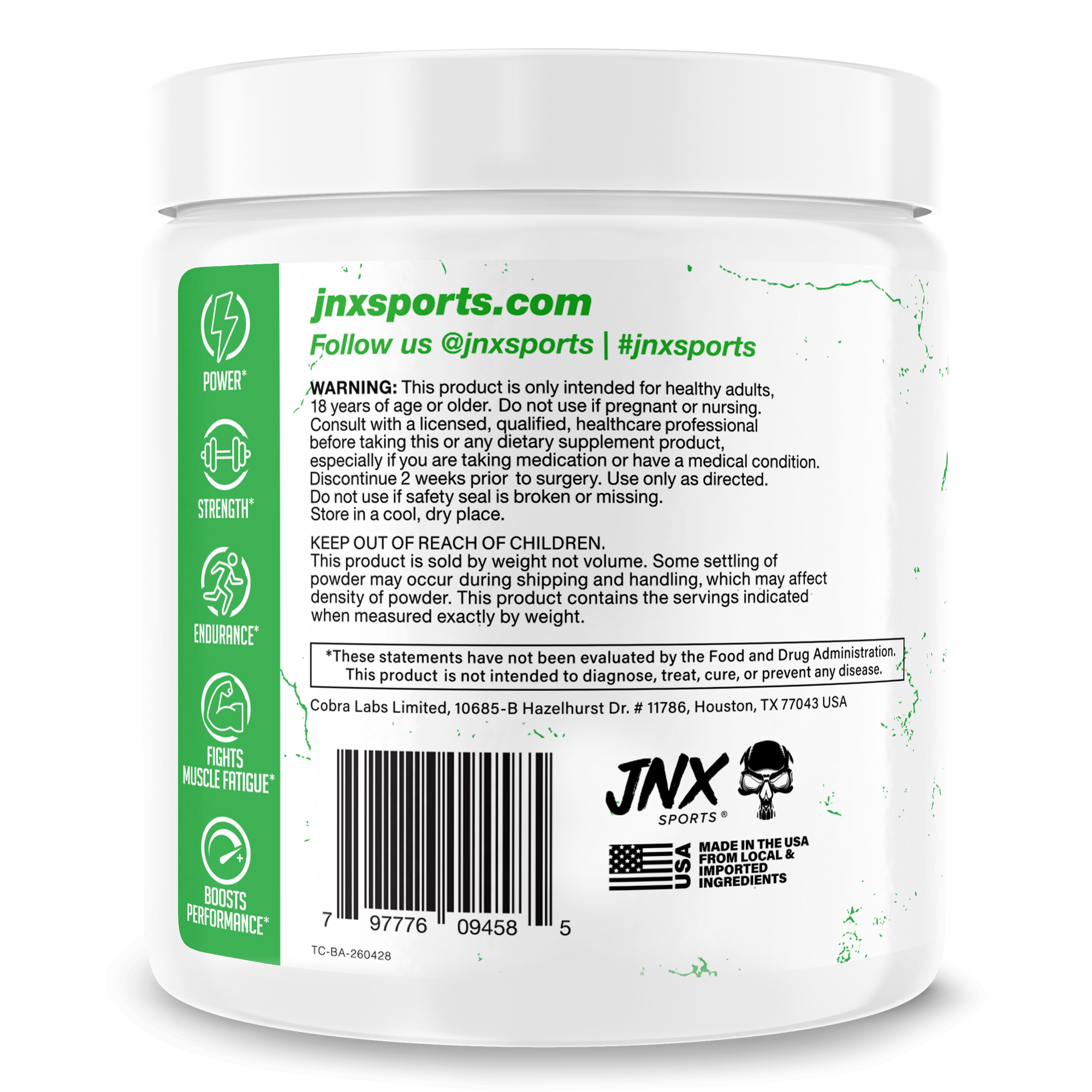 Beta Alanine supplement container with white lid and green text highlighting benefits like power, strength, endurance, and performance support
