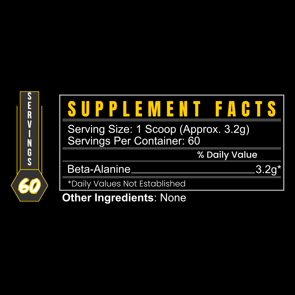 BETA-ALANINE supplement facts label showing 3.2g per scoop, 60 servings, and no other ingredients