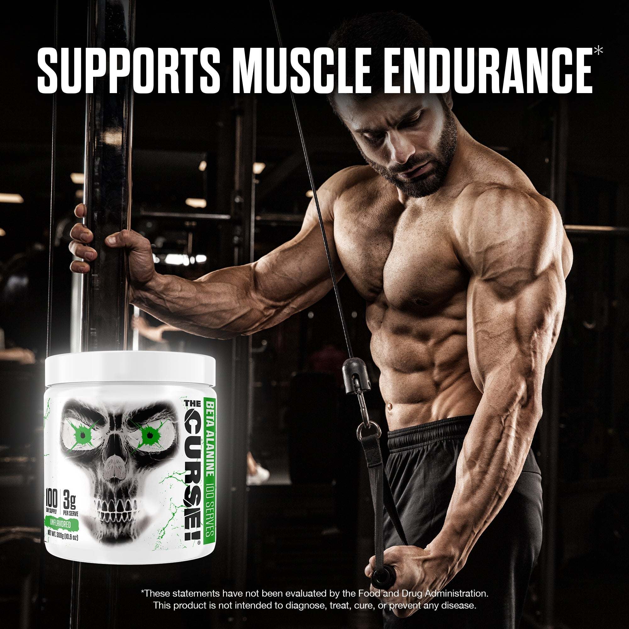 Beta Alanine supplement container with skull design beside muscular man performing cable exercise supporting muscle endurance