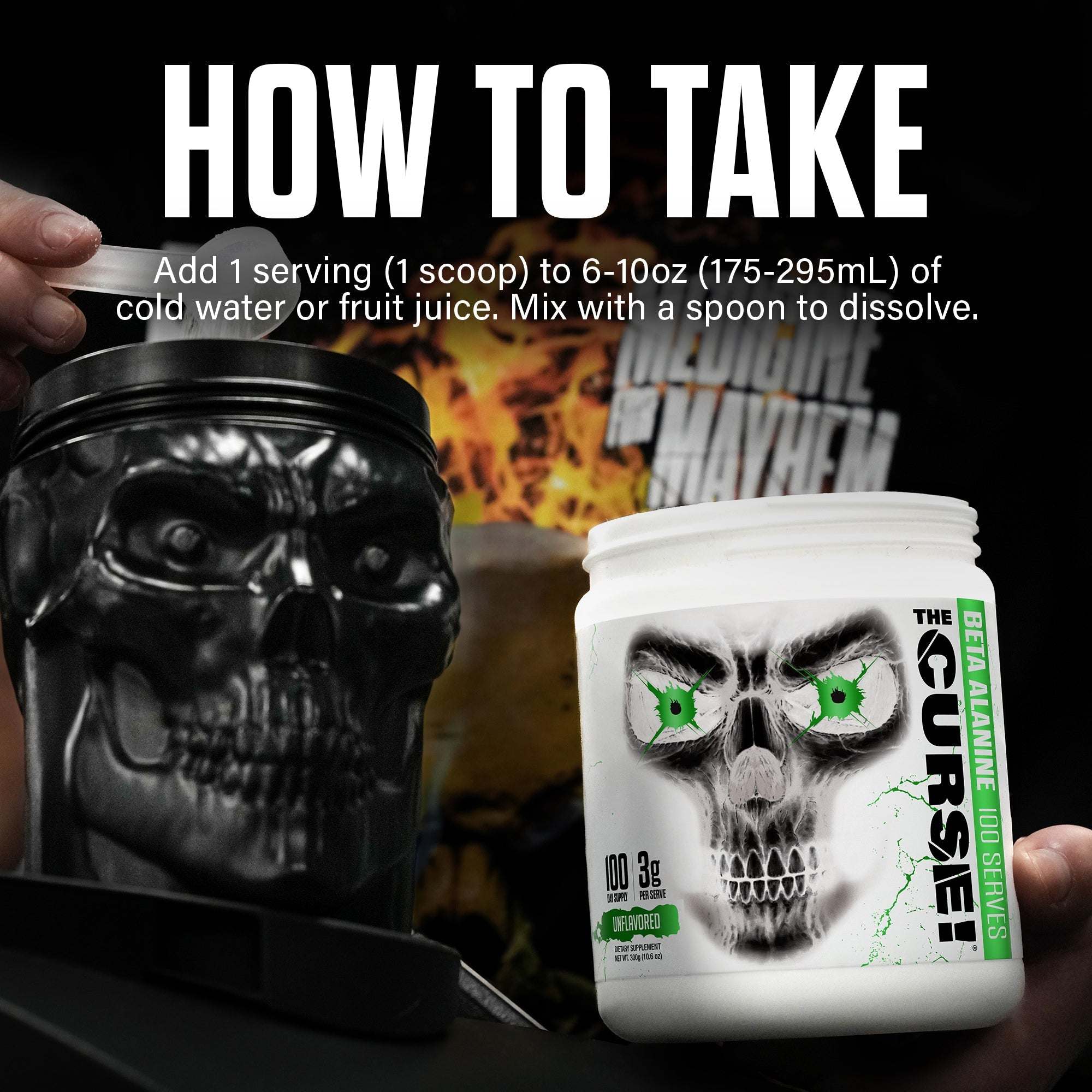 Beta Alanine supplement container with skull design next to black skull-shaped mug and hand scooping powder, white and black color