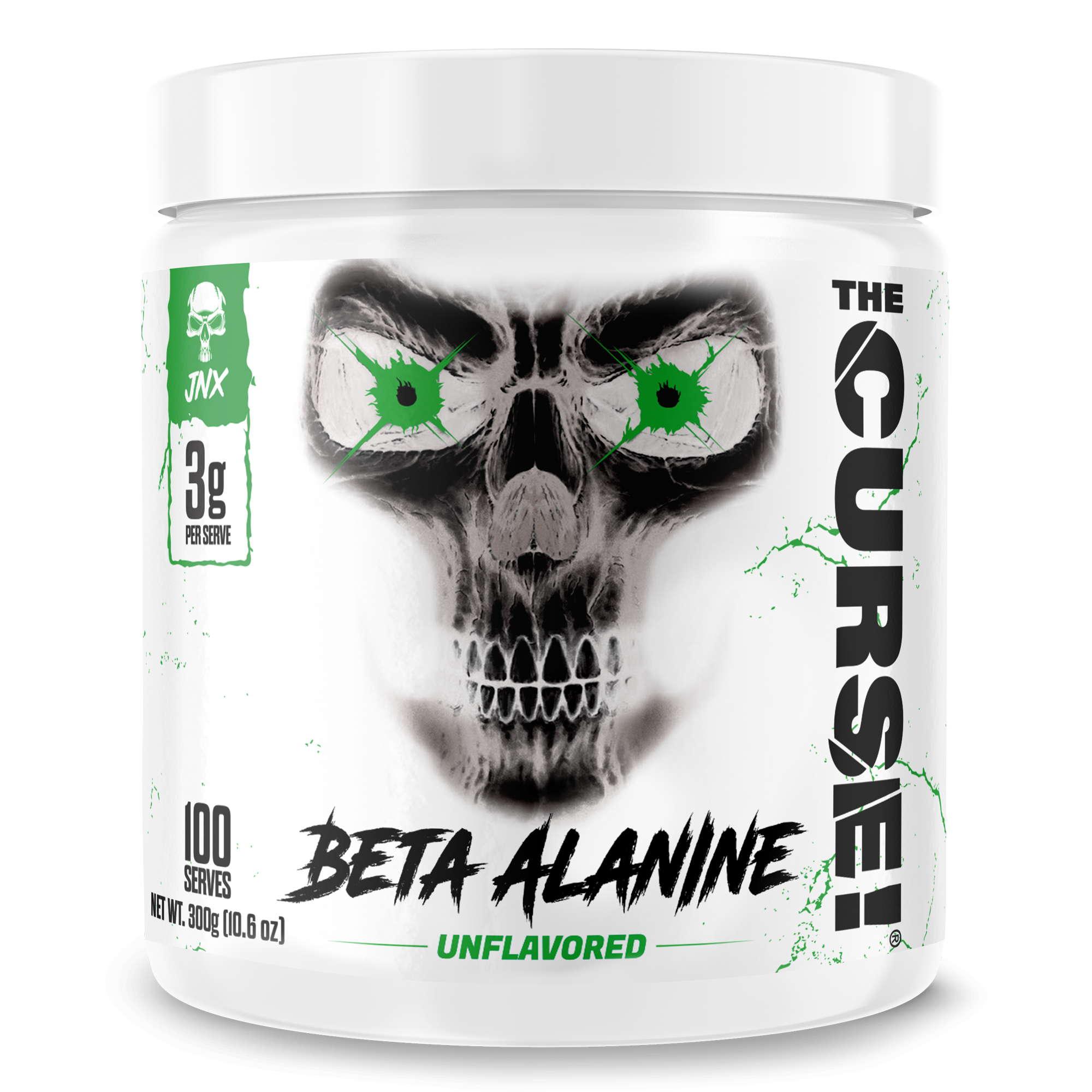 Beta Alanine white plastic container with black skull graphic, green accents, and bold black text unflavored powder