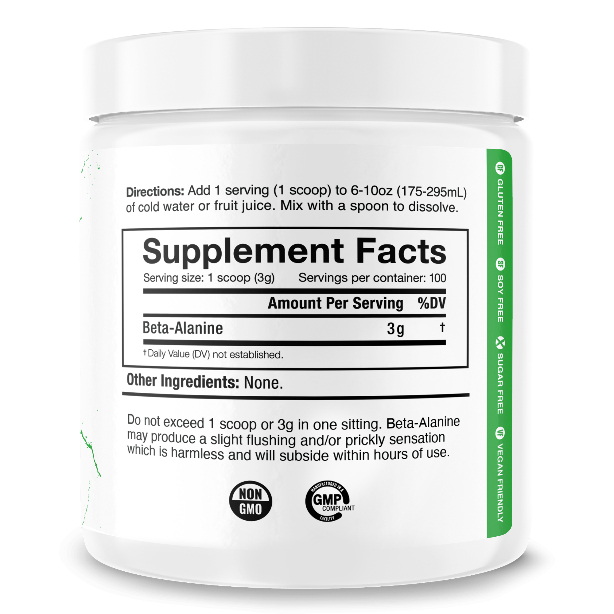 Beta Alanine white plastic supplement container with black supplement facts label showing 3g Beta Alanine per serving