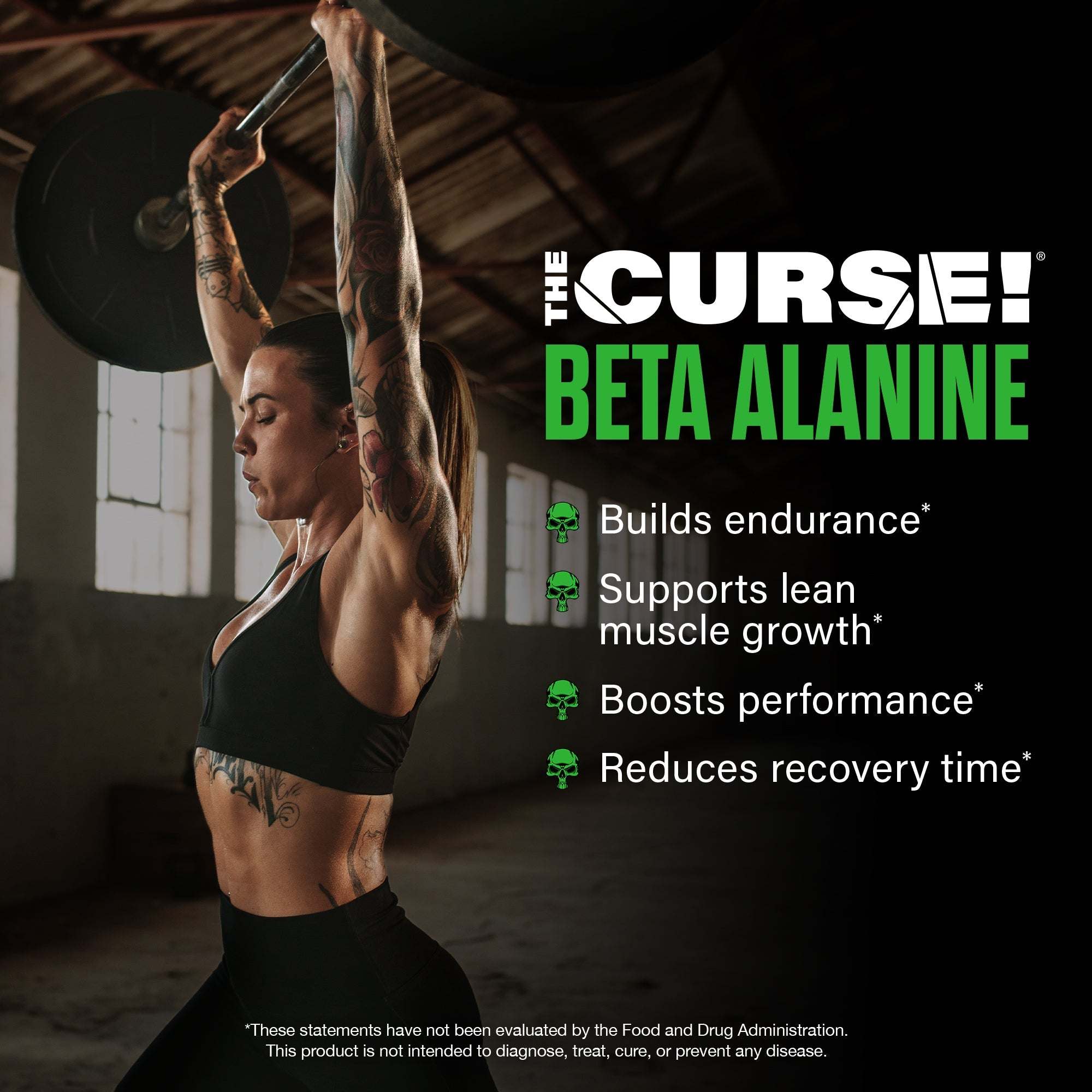Beta Alanine supplement advertisement featuring a tattooed woman in black sportswear lifting a barbell overhead demonstrating endurance and muscle growth benefits