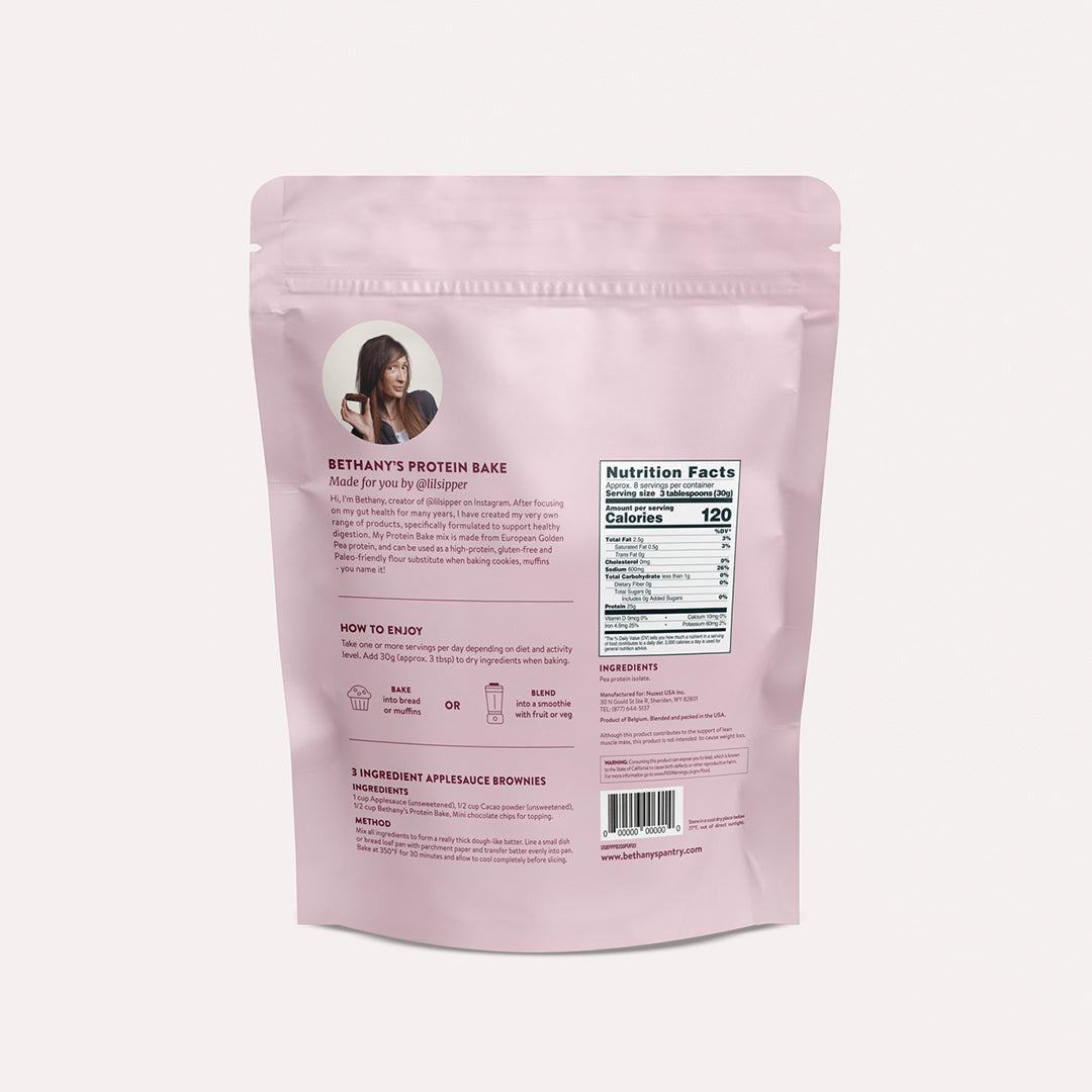 Bethany's Protein Bake in a pale pink resealable pouch with black product text, nutrition facts panel, and barcode.