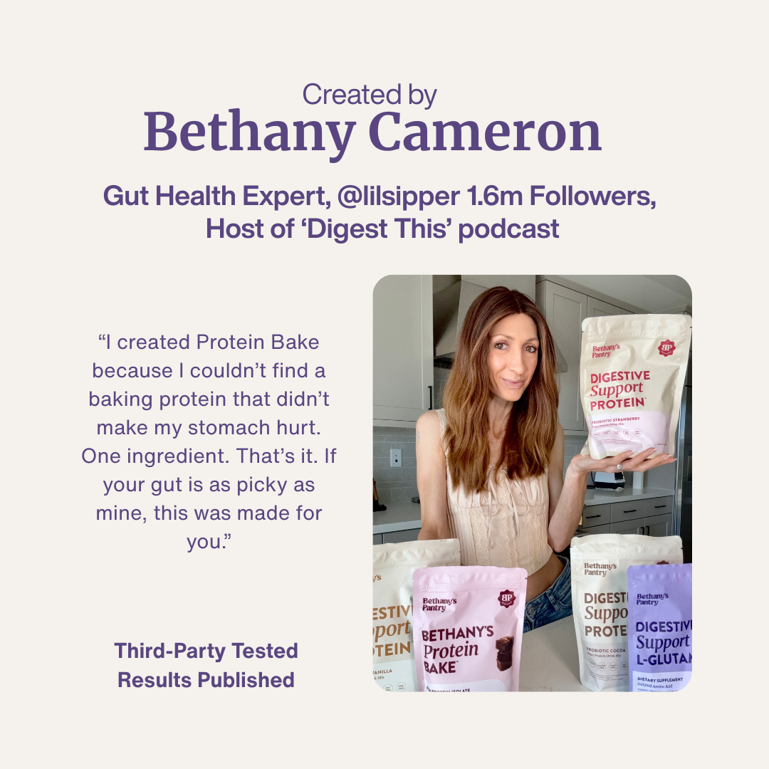Bethany's Protein Bake product pouch, white packaging with pink and purple accents and bold lettering.