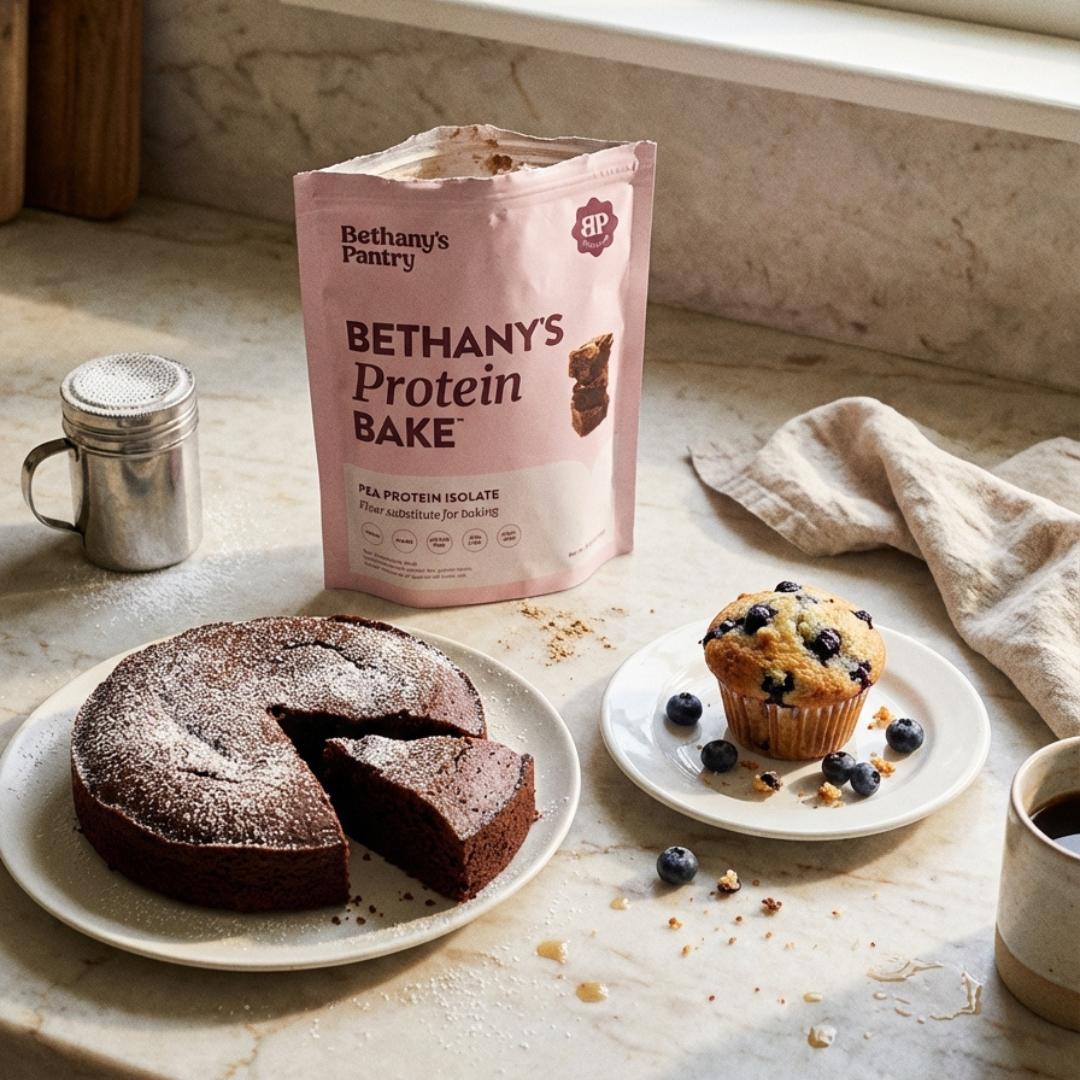 Bethany's Protein Bake pink pouch of golden pea protein beside a chocolate cake and blueberry muffin