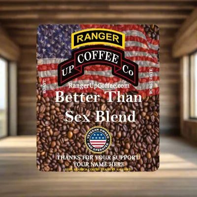 Better Than Sex Coffee K-Cup package with an American flag design, brown coffee bean pattern, and Ranger Up branding