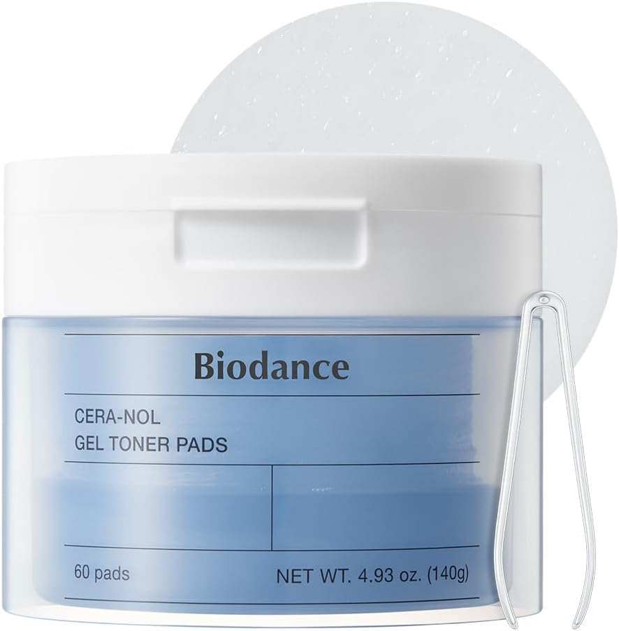 Biodance Cera-Nol Gel Toner Pads in a clear jar with white lid, blue label, and included tweezers
