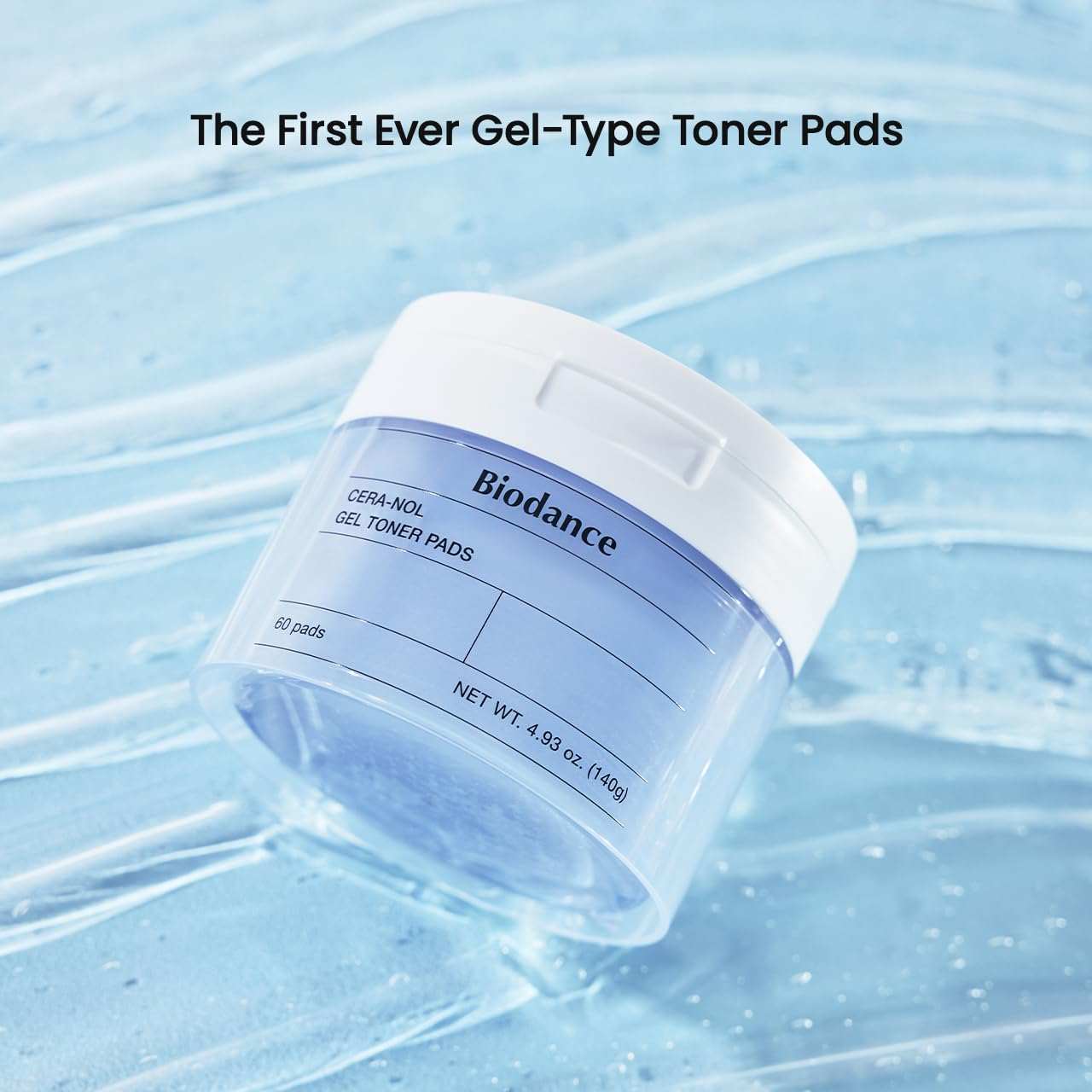 Biodance Cera-Nol Gel Toner Pads in a clear jar with a white lid and blue-and-white label