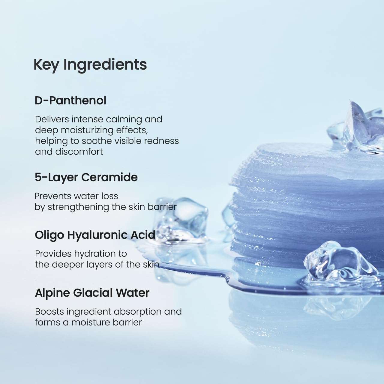 Biodance Cera-Nol Gel Toner Pads key ingredients graphic with blue gel texture and Alpine glacial water