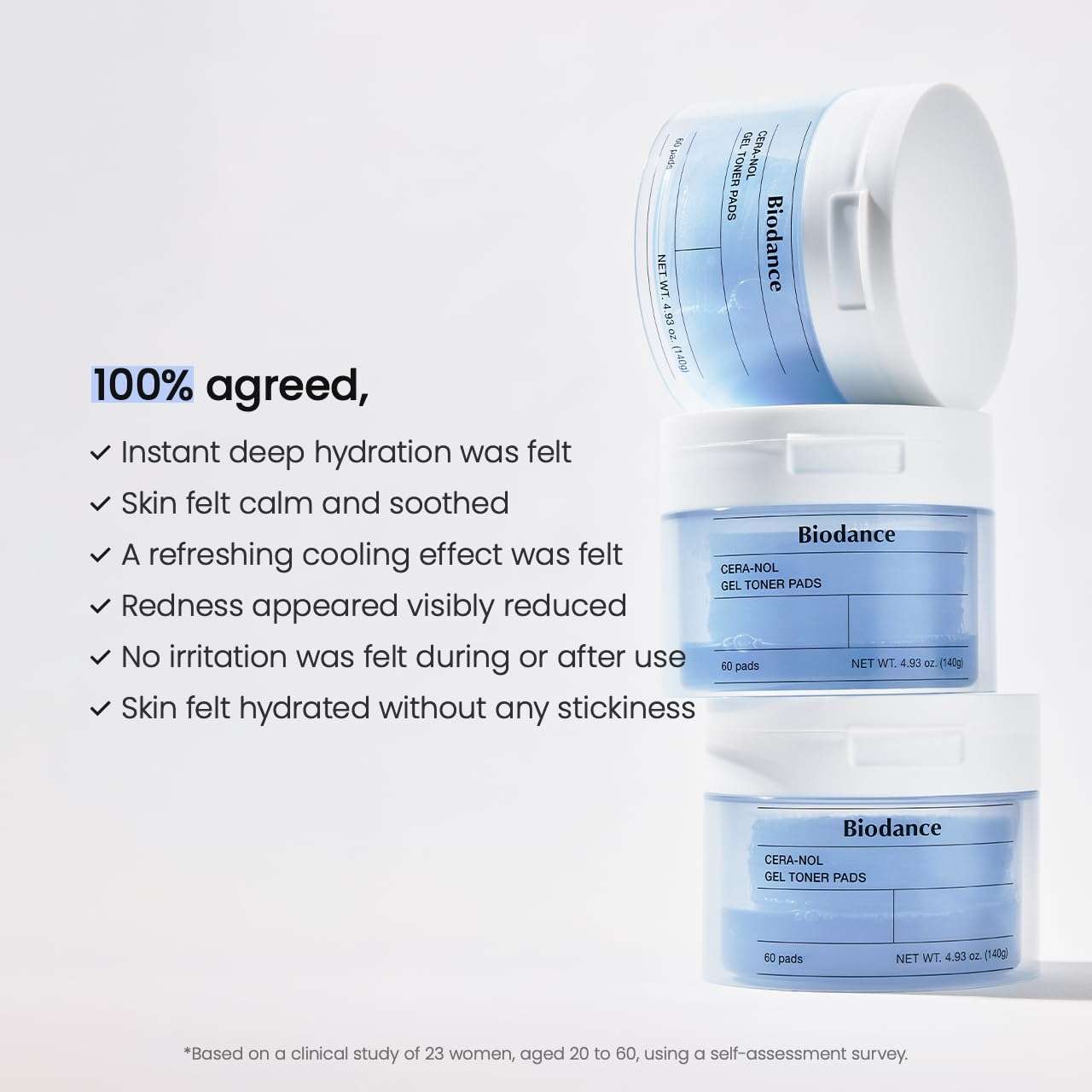 Biodance Cera-Nol Gel Toner Pads in white jars with pale blue labels and screw-top lids