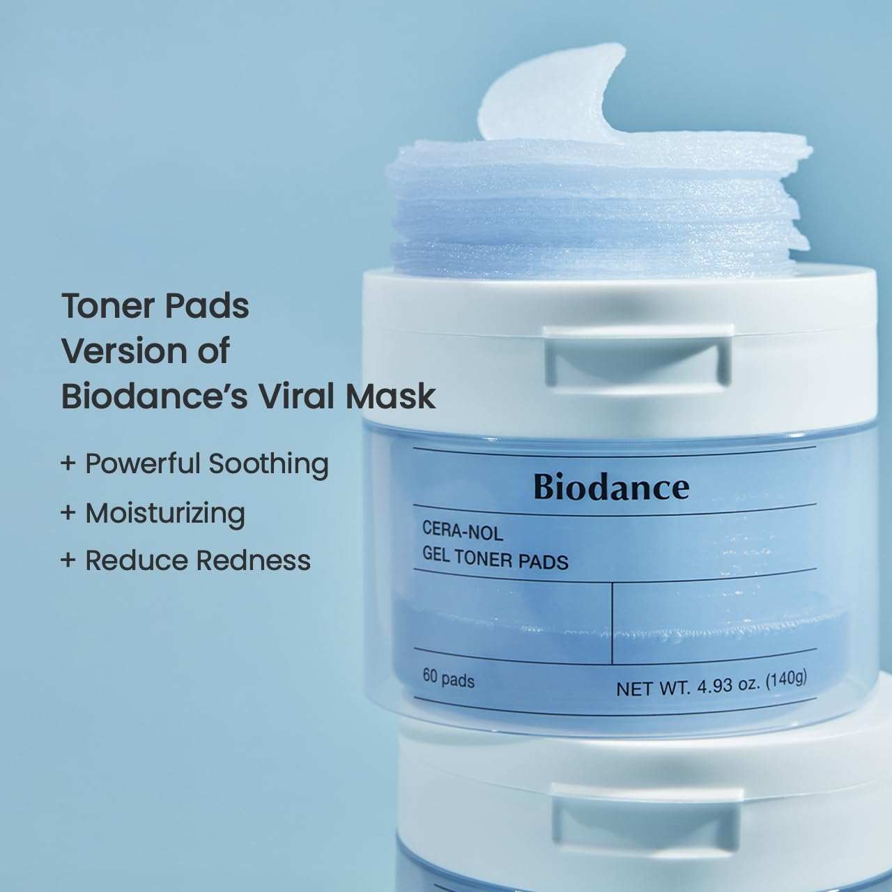 Biodance Cera-Nol Gel Toner Pads in a white jar with stacked blue-toned gel pads and 60-pad label