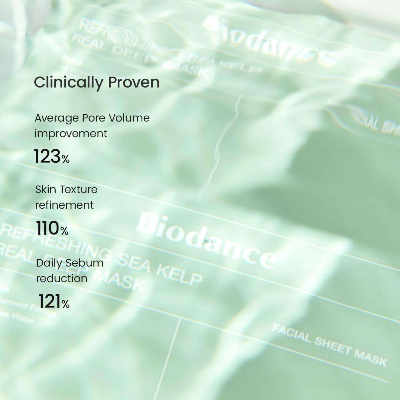 Biodance deep hydrating facial mask, mint-green sea kelp hydrogel sheet with clinical benefit details