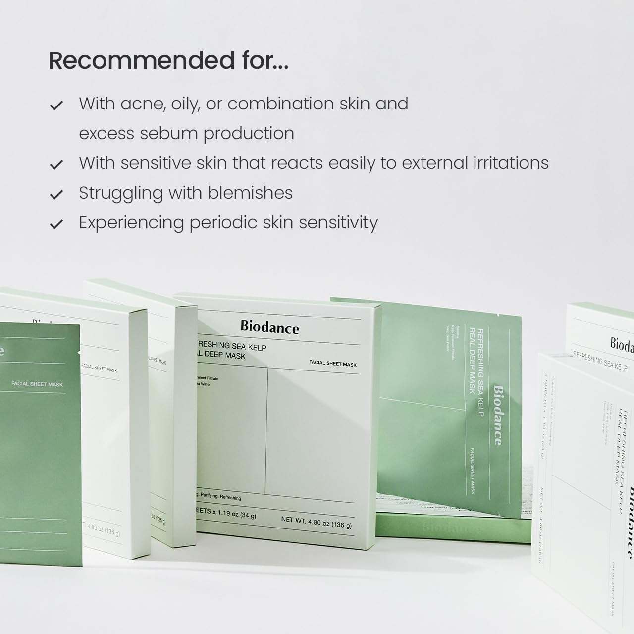 Biodance deep hydrating facial mask in pale green and white packaging, sea kelp hydrogel skincare mask boxes, 4-piece set