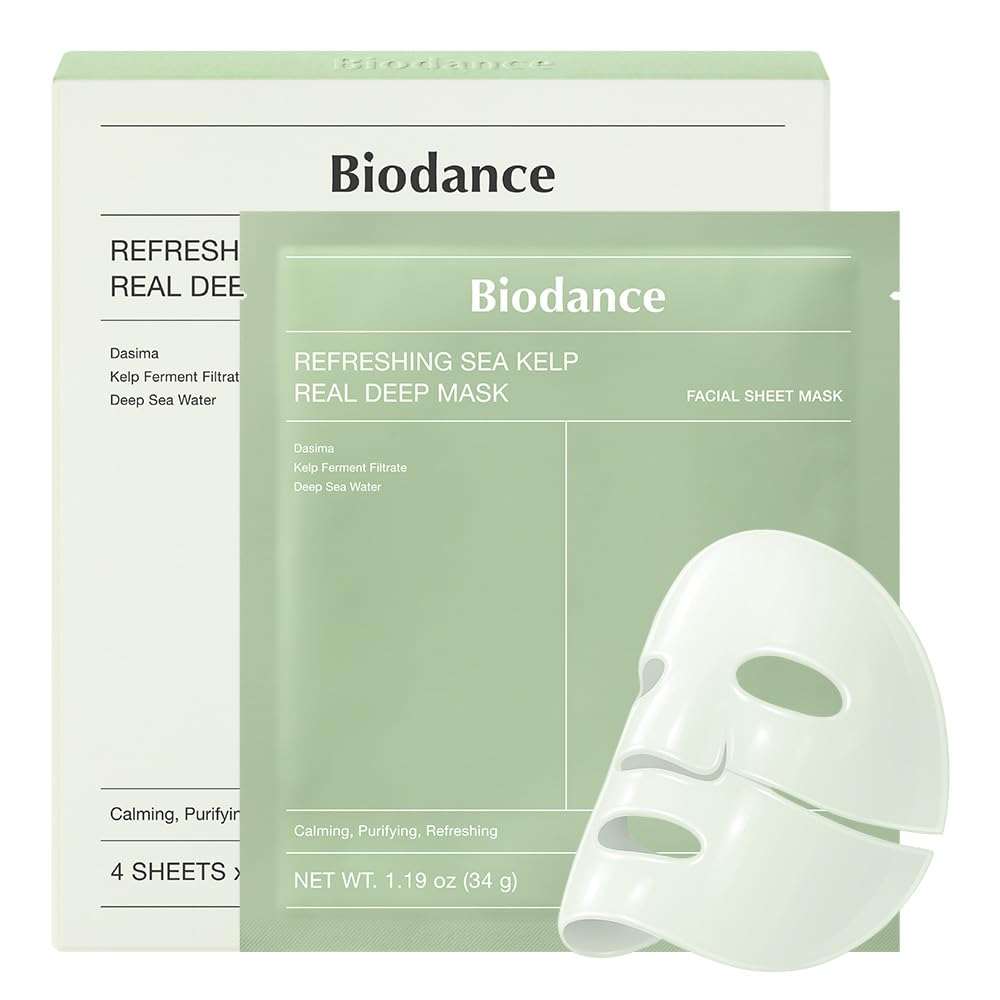 Biodance deep hydrating facial mask, green sea kelp hydrogel sheet mask box with white facial mask illustration