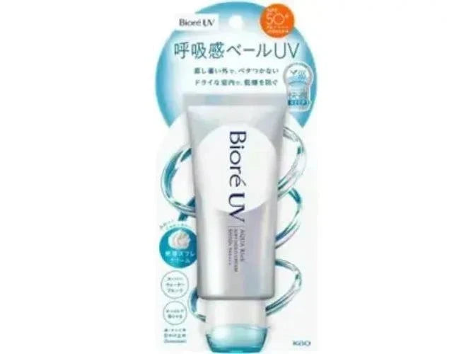 Biore UV Aqua Rich sunscreen tube in white with blue cap and Japanese text packaging featuring SPF50+ PA++++ sun protection details.