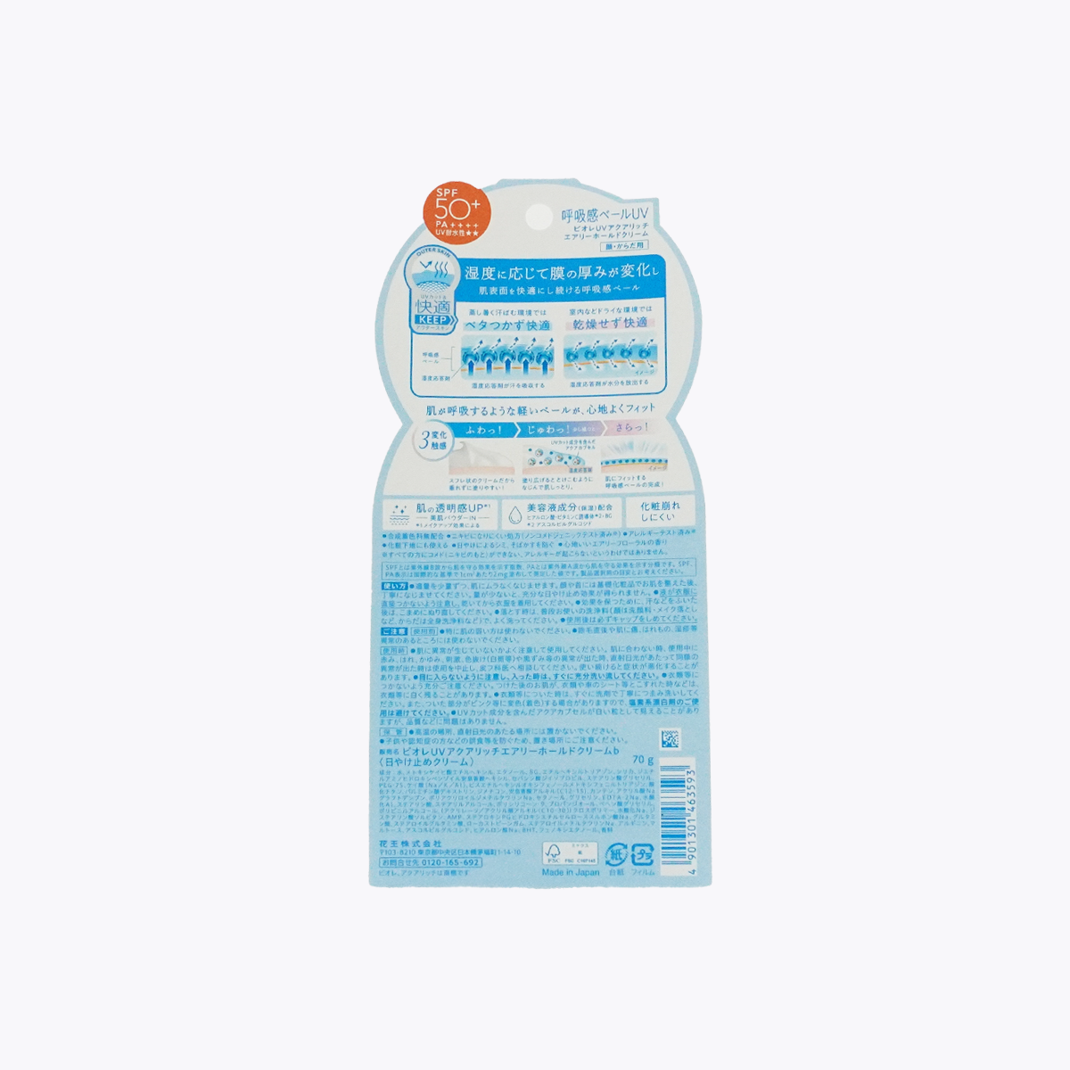 Biore UV Aqua Rich sunscreen in a blue and white plastic pouch package with SPF50+ PA++++ and Japanese text detailing product features.