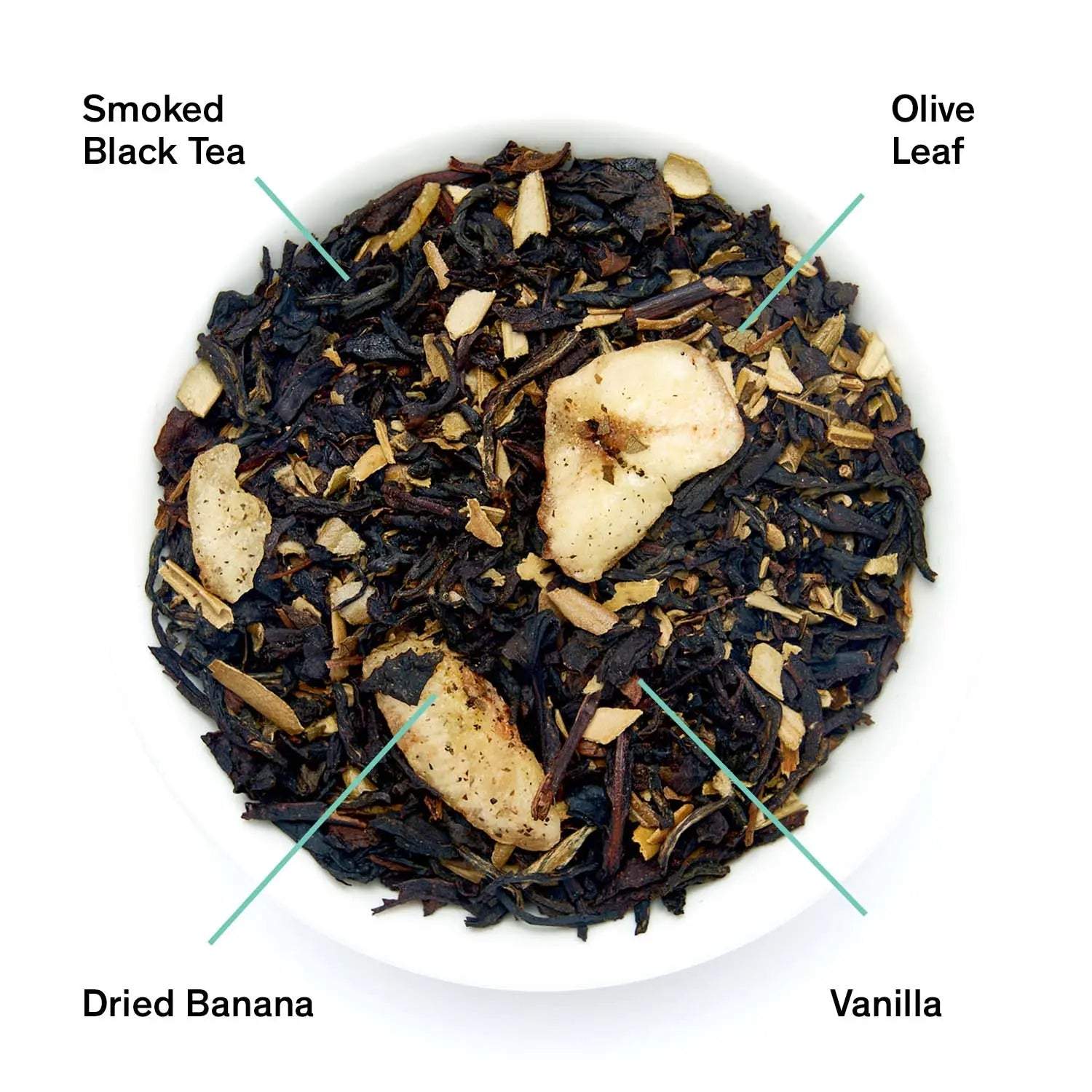 Black Lodge - Smoky Banana Black Tea blend with dark smoked black tea leaves, dried banana pieces, olive leaf and vanilla.