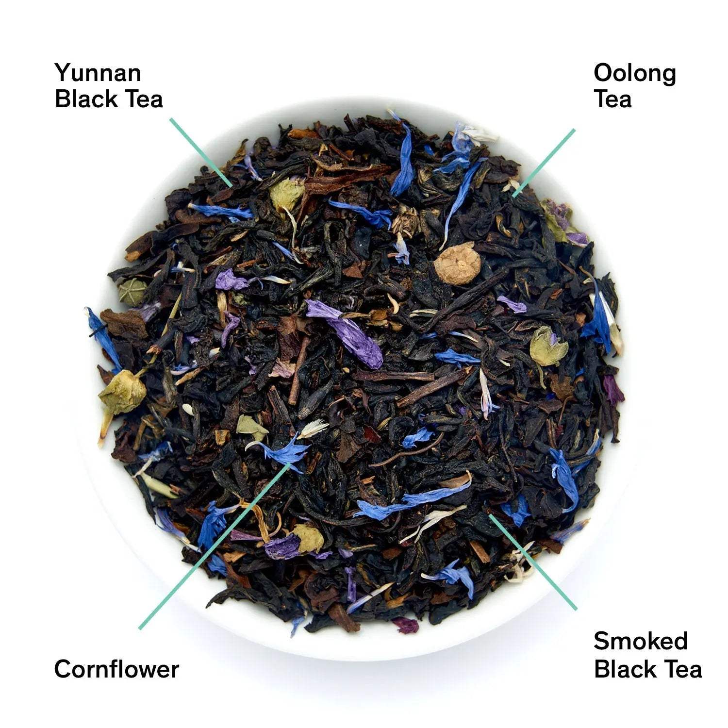 Black Metallic - Violet Elderberry Black Tea blend with dark loose tea leaves and scattered blue and purple flower petals