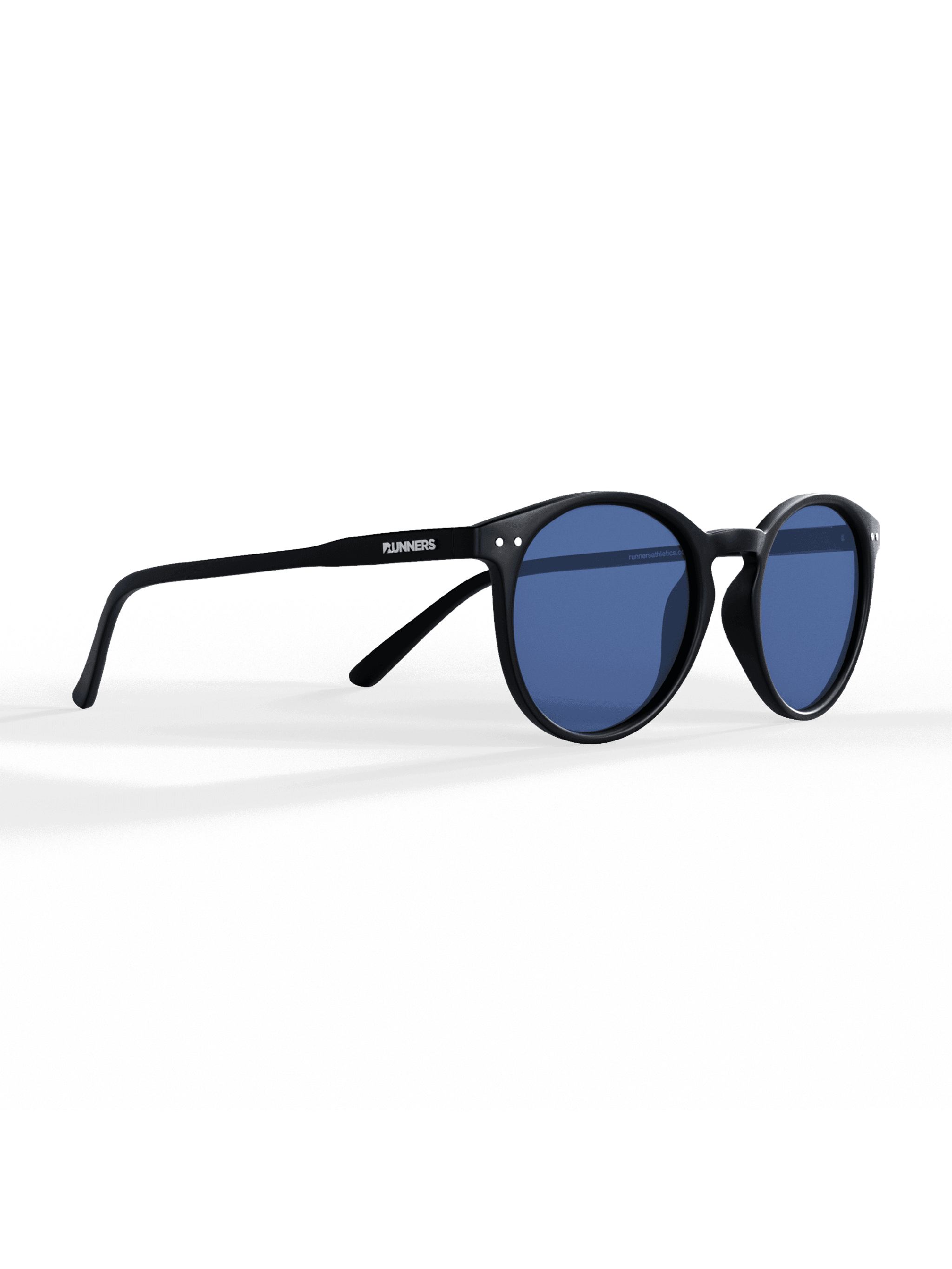 Black Round Polarized Sunglasses with glossy black frames, round blue lenses and slim curved temples