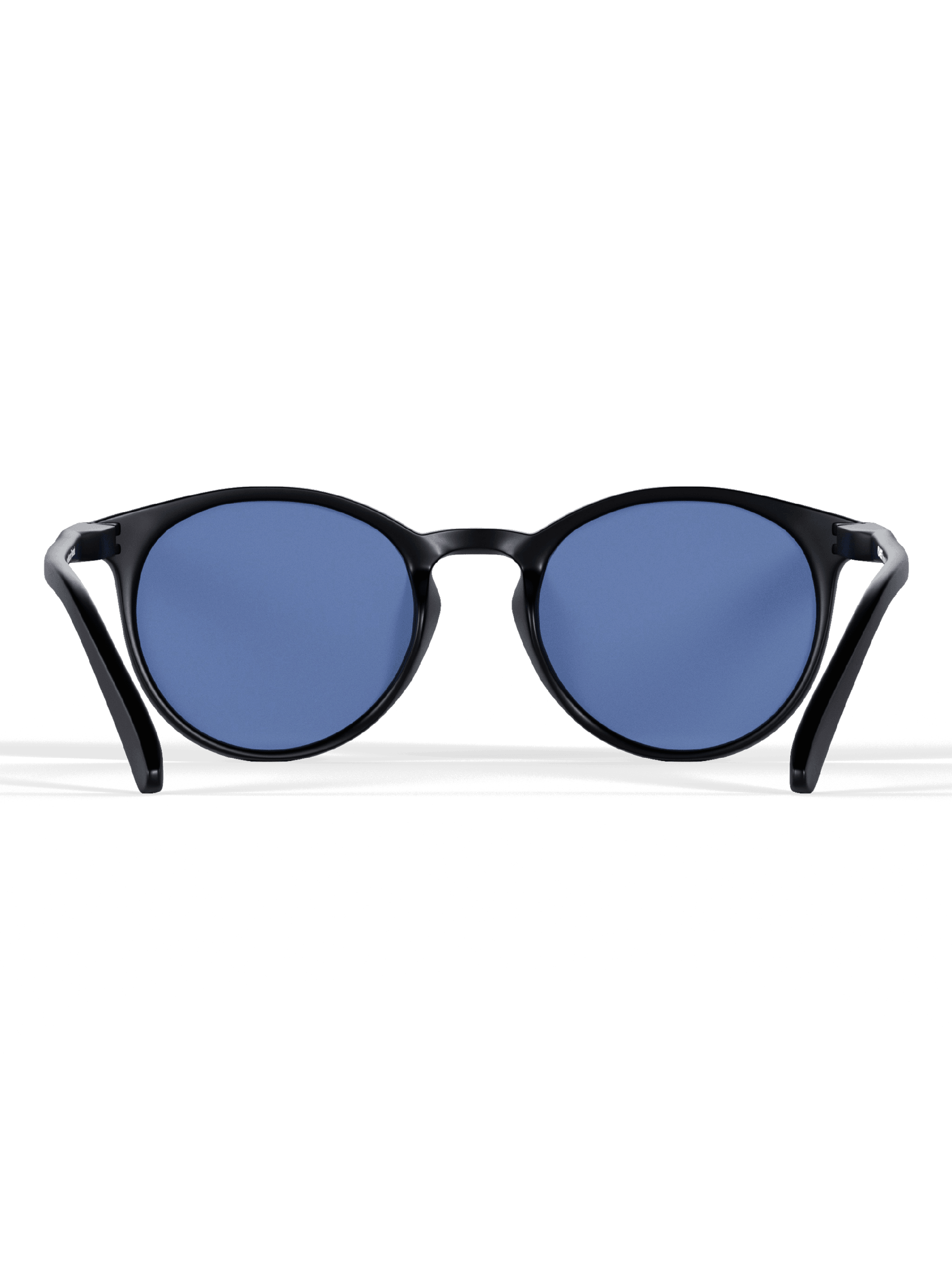 Black Round Polarized Sunglasses with glossy black round frames and blue tinted lenses