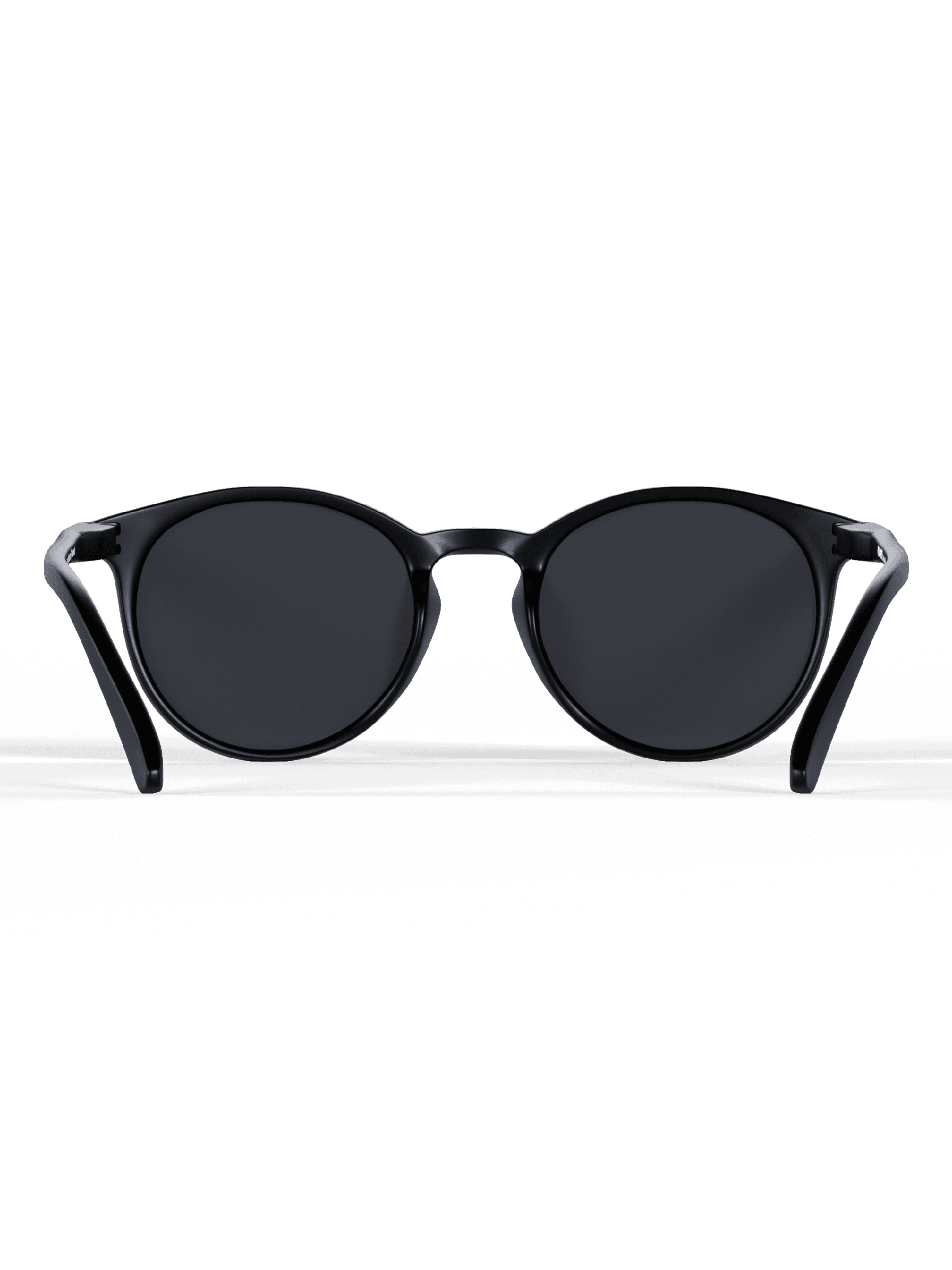 Black Round Polarized Sunglasses with glossy black frames, dark round lenses, and curved temples