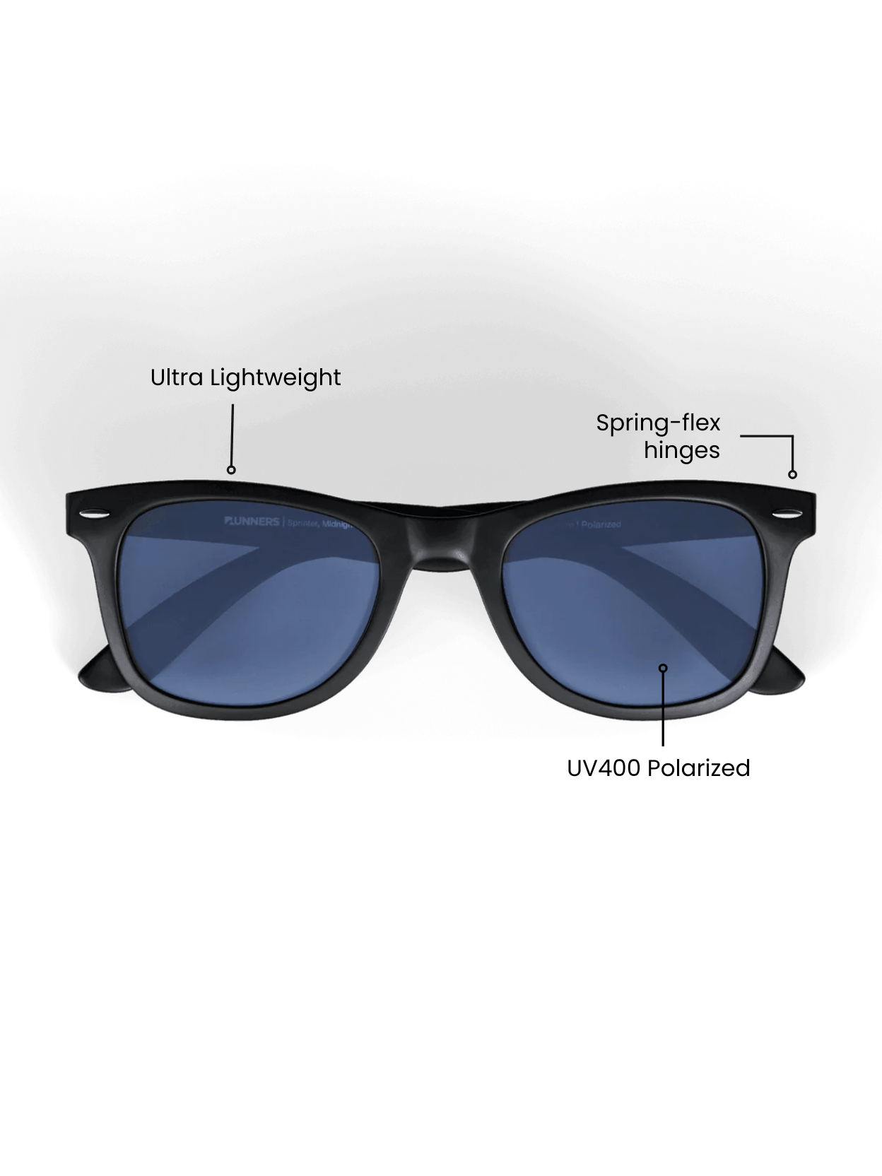 Black Square Sport Sunglasses with a glossy black frame, blue-tinted lenses, and UV400 polarized lens marking