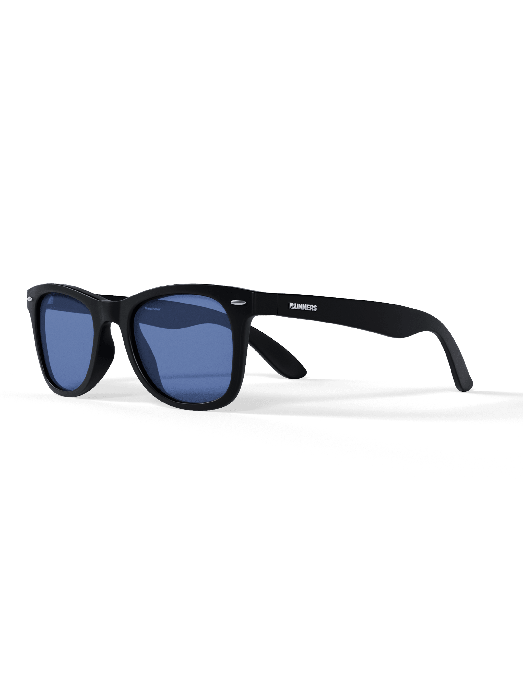 Black Square Sport Sunglasses with a glossy black plastic frame, square shape, and blue-tinted lenses