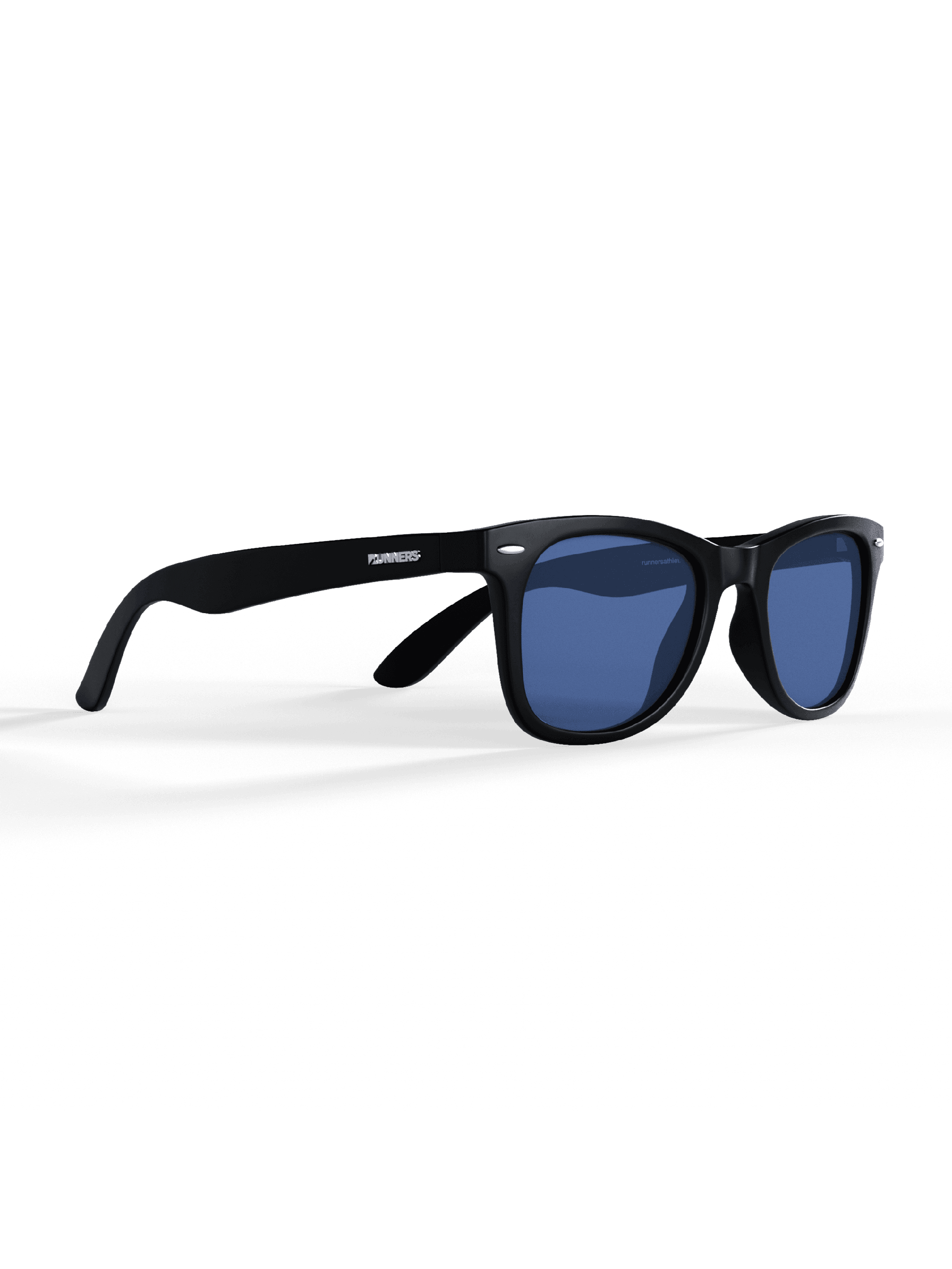 Black Square Sport Sunglasses with a glossy black frame, blue-tinted lenses, and a sporty wraparound shape