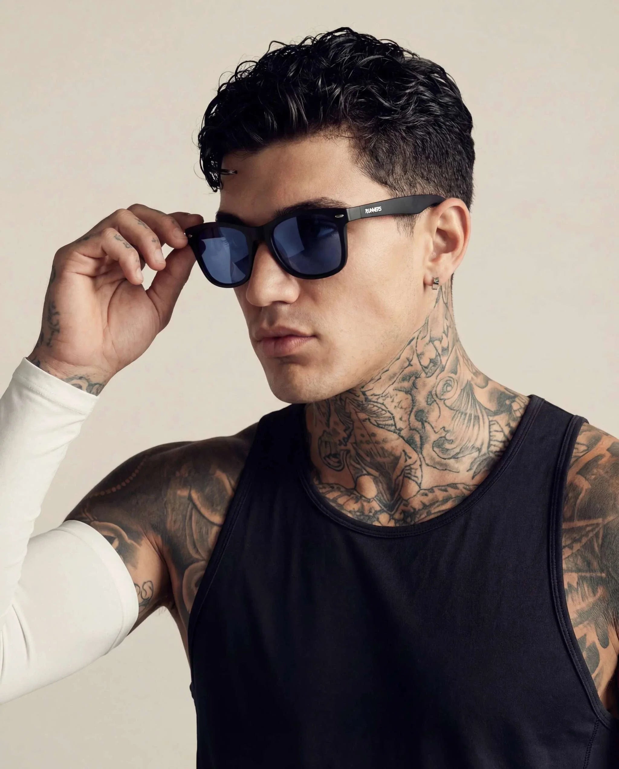 Black Square Sport Sunglasses with a matte black frame and dark blue lenses in a classic square shape