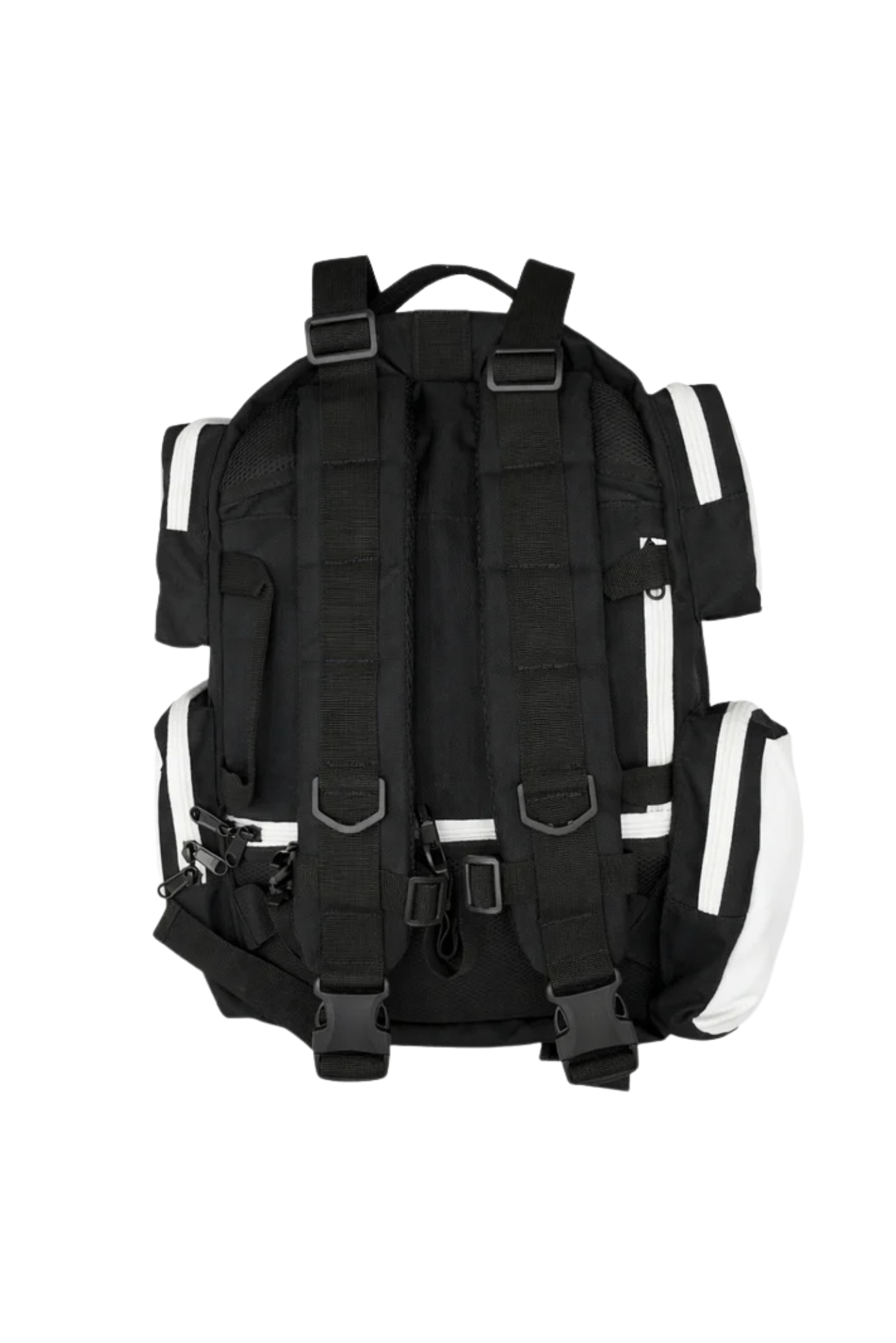 BlackLabel 26L BackPack in black nylon, shown from the back with padded adjustable straps and white side accents