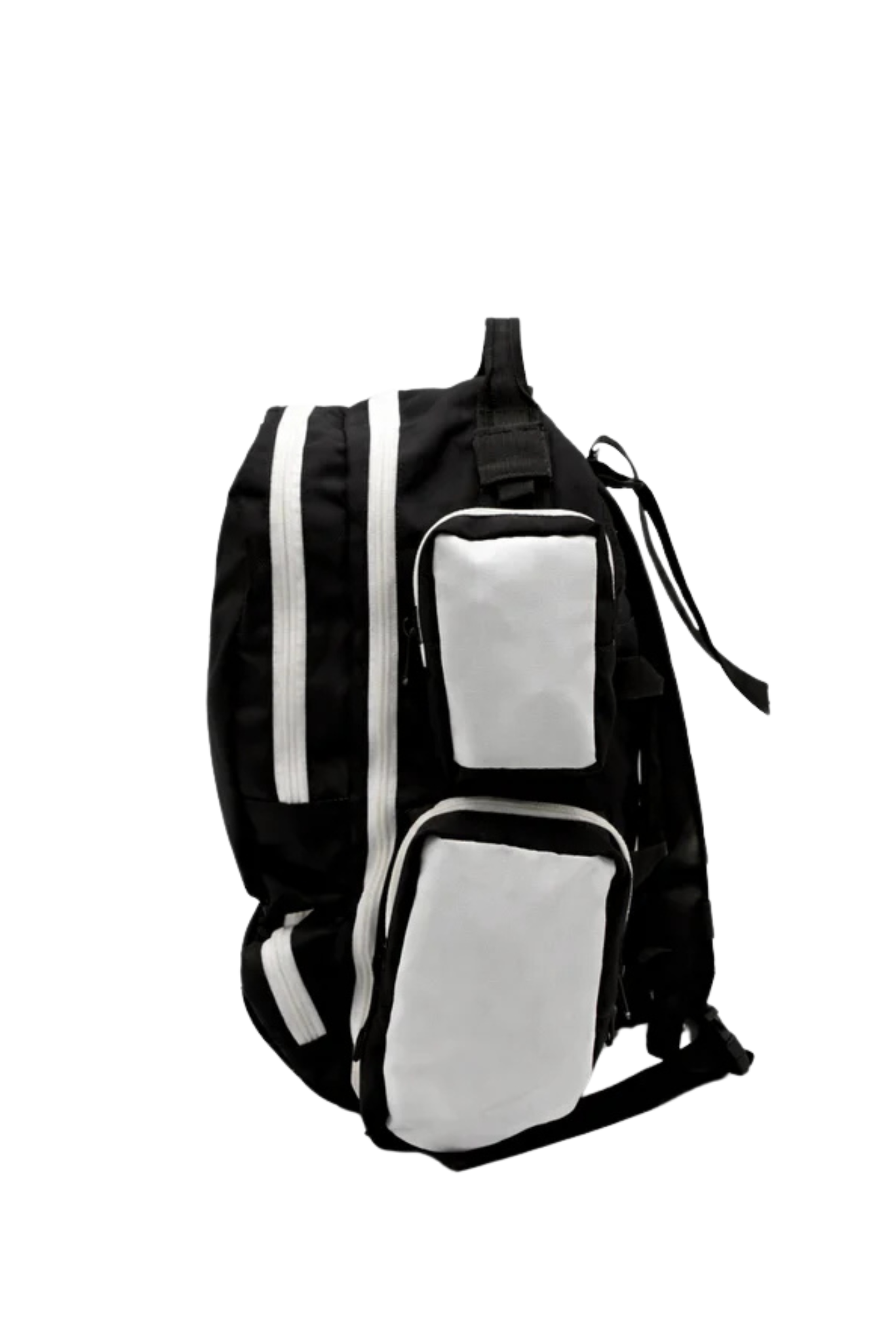 BlackLabel 26L BackPack in black nylon, featuring white front compartments, striped accents and multiple zippered pockets