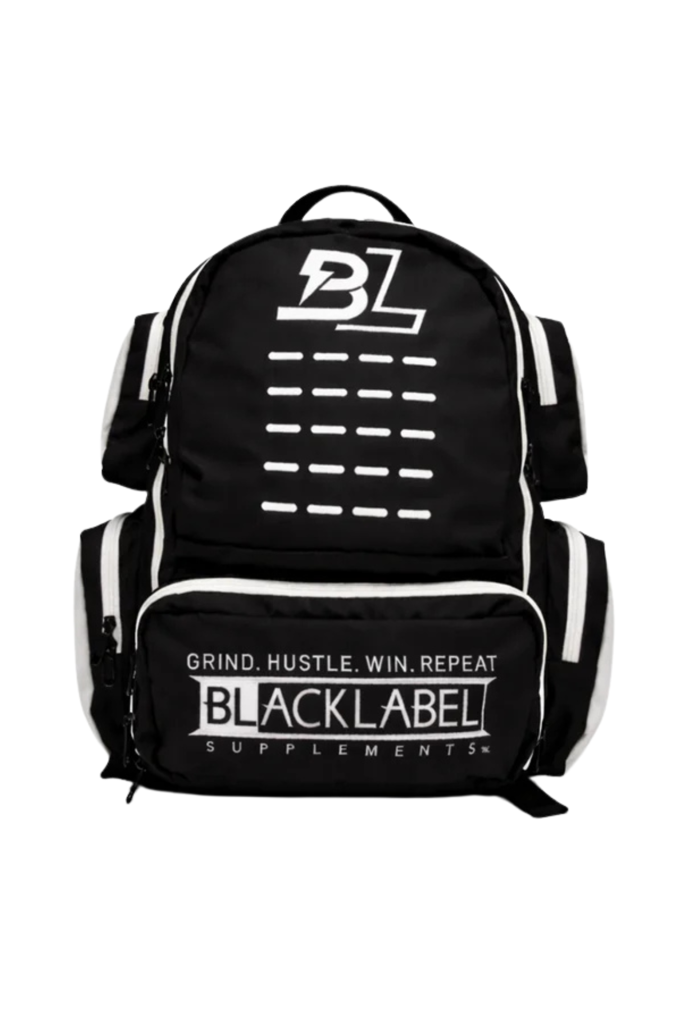 BlackLabel 26L BackPack, black nylon with white trim, laser-cut front panel and multiple zip compartments