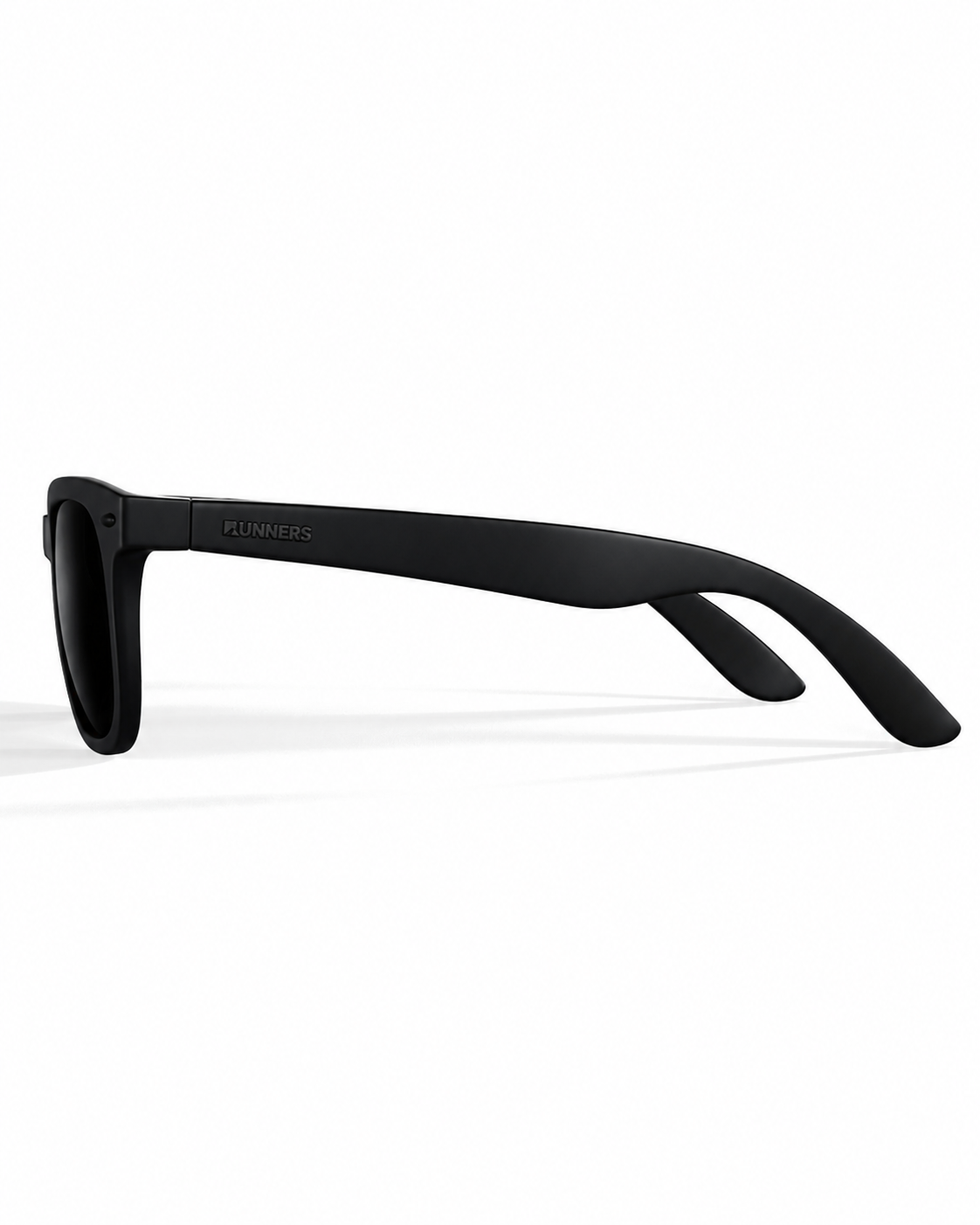 Blackout Square Running Sunglasses with a matte black frame, dark lenses, and curved arms marked Runners