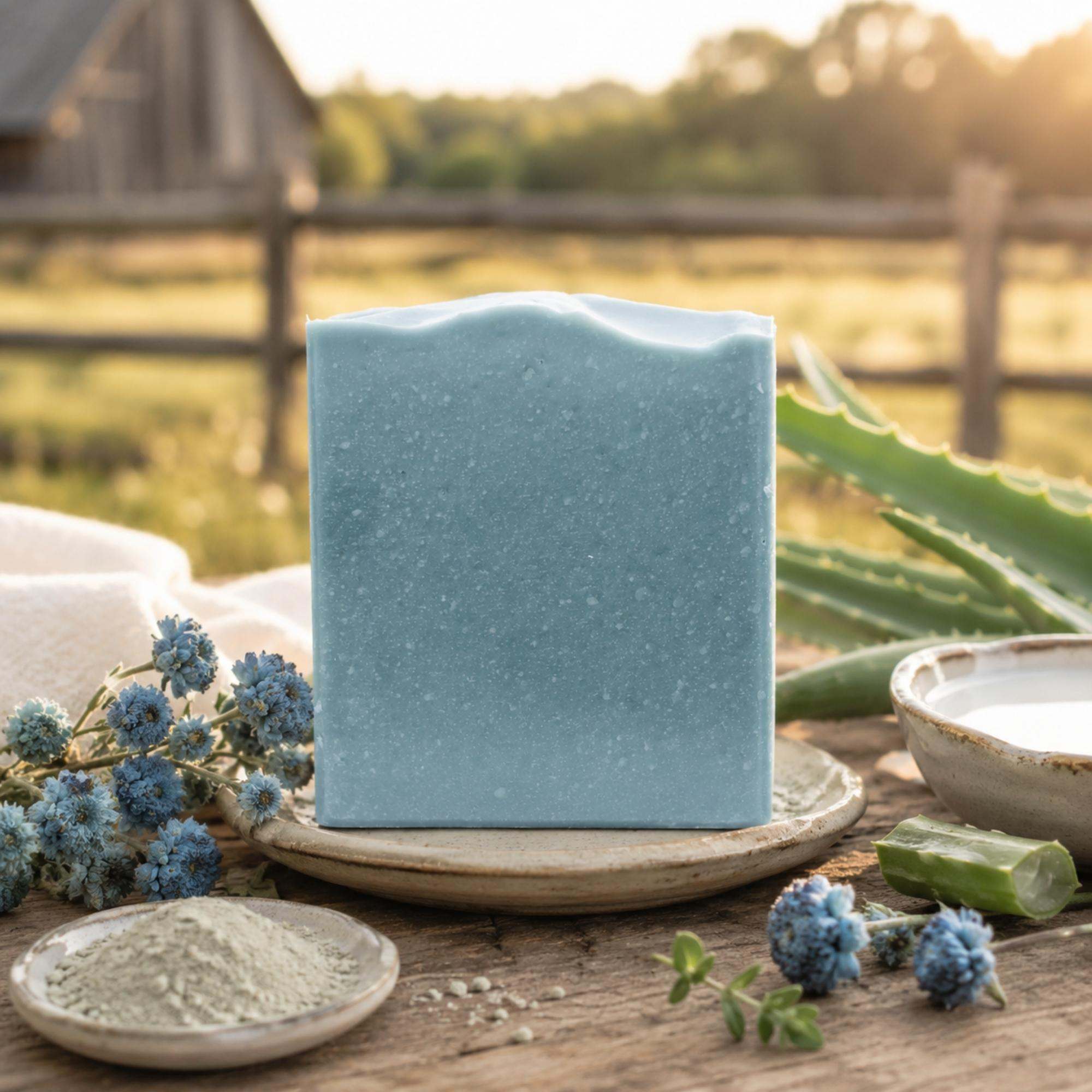 Blue Beauty Cream Facial Bar, solid pale blue facial soap with a smooth finish and gently wavy top edge