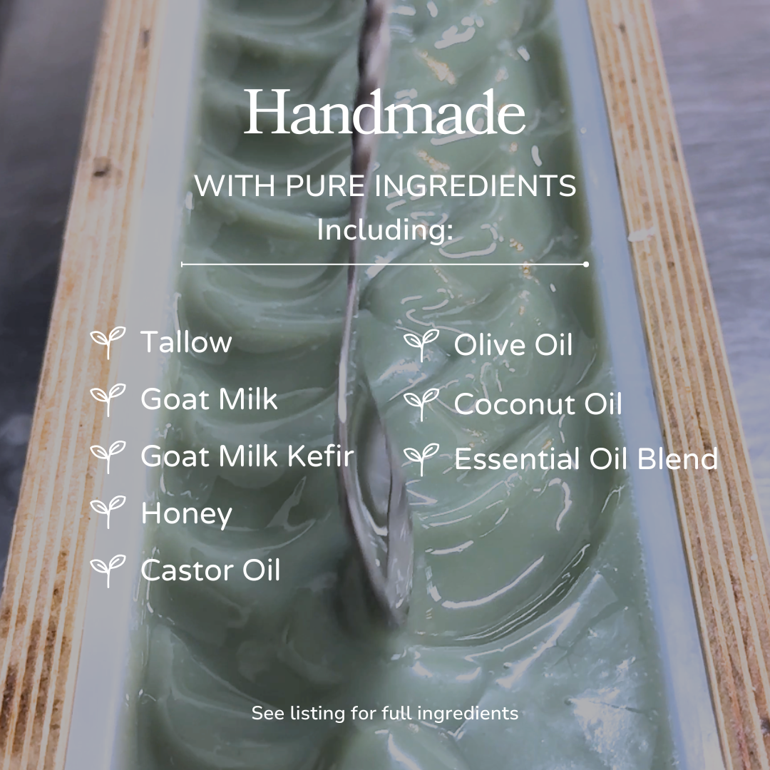 Blue Beauty Cream Facial Bar, handmade green-blue soap with a marbled swirl and natural ingredients text
