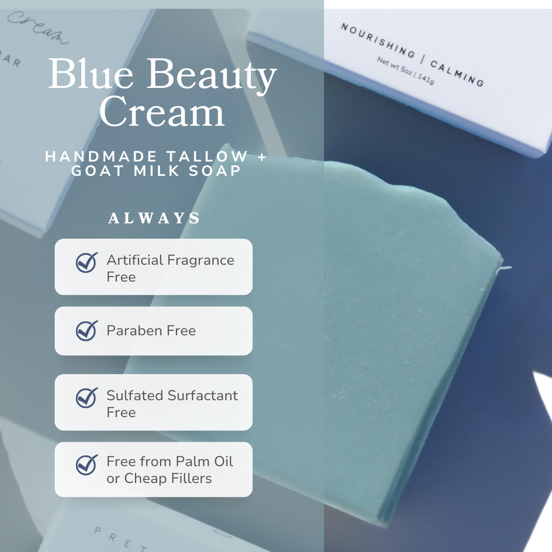 Blue Beauty Cream Facial Bar, blue handmade tallow and goat milk soap with a smooth rectangular shape

