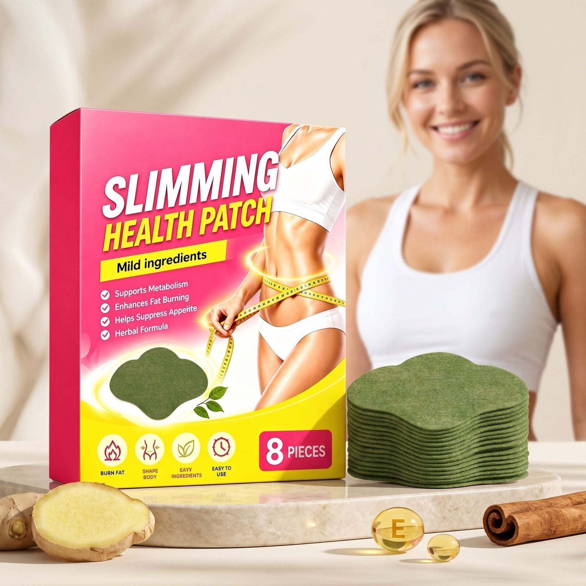 Body Care Patch in a bright pink and yellow box beside a stack of green oval patches, with ginger and cinnamon