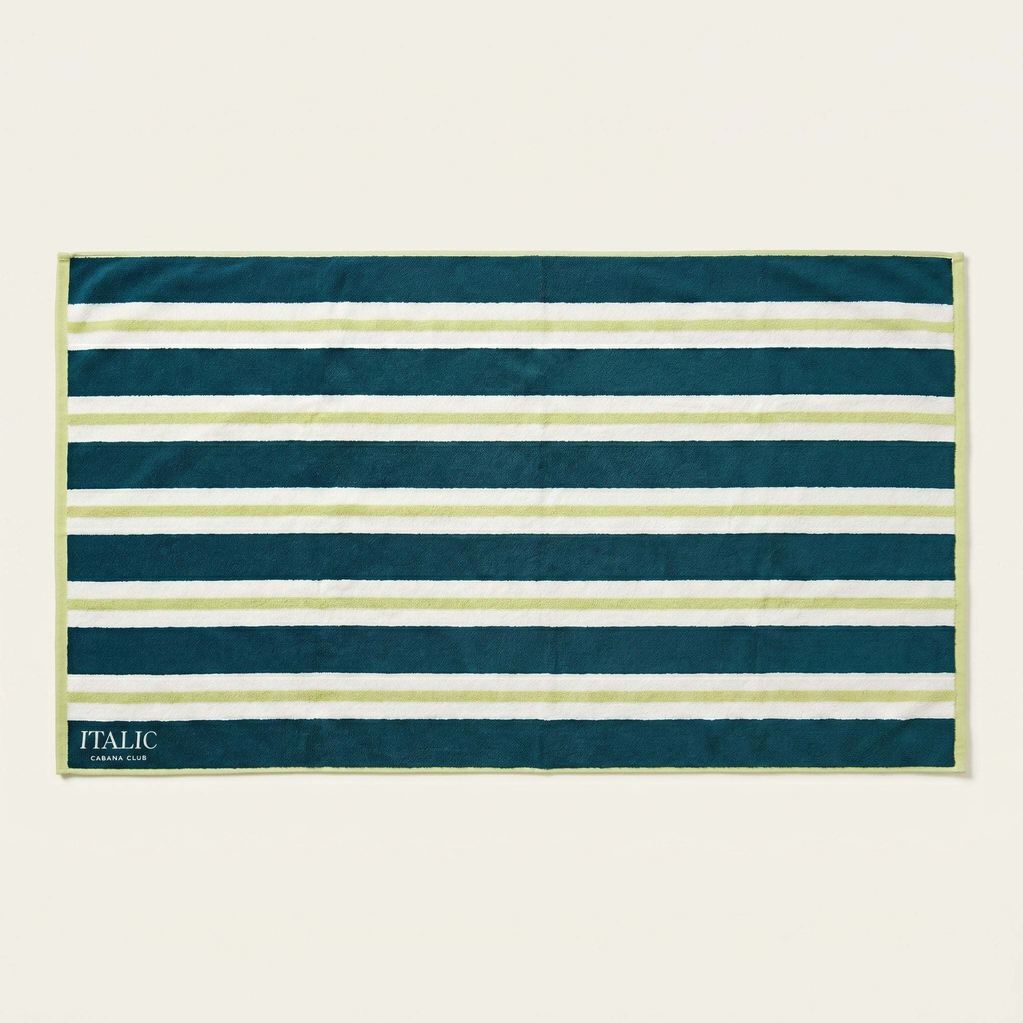 Bondi Australian Cotton beach towel with bold teal and navy horizontal stripes, pale green and white bands, and edging