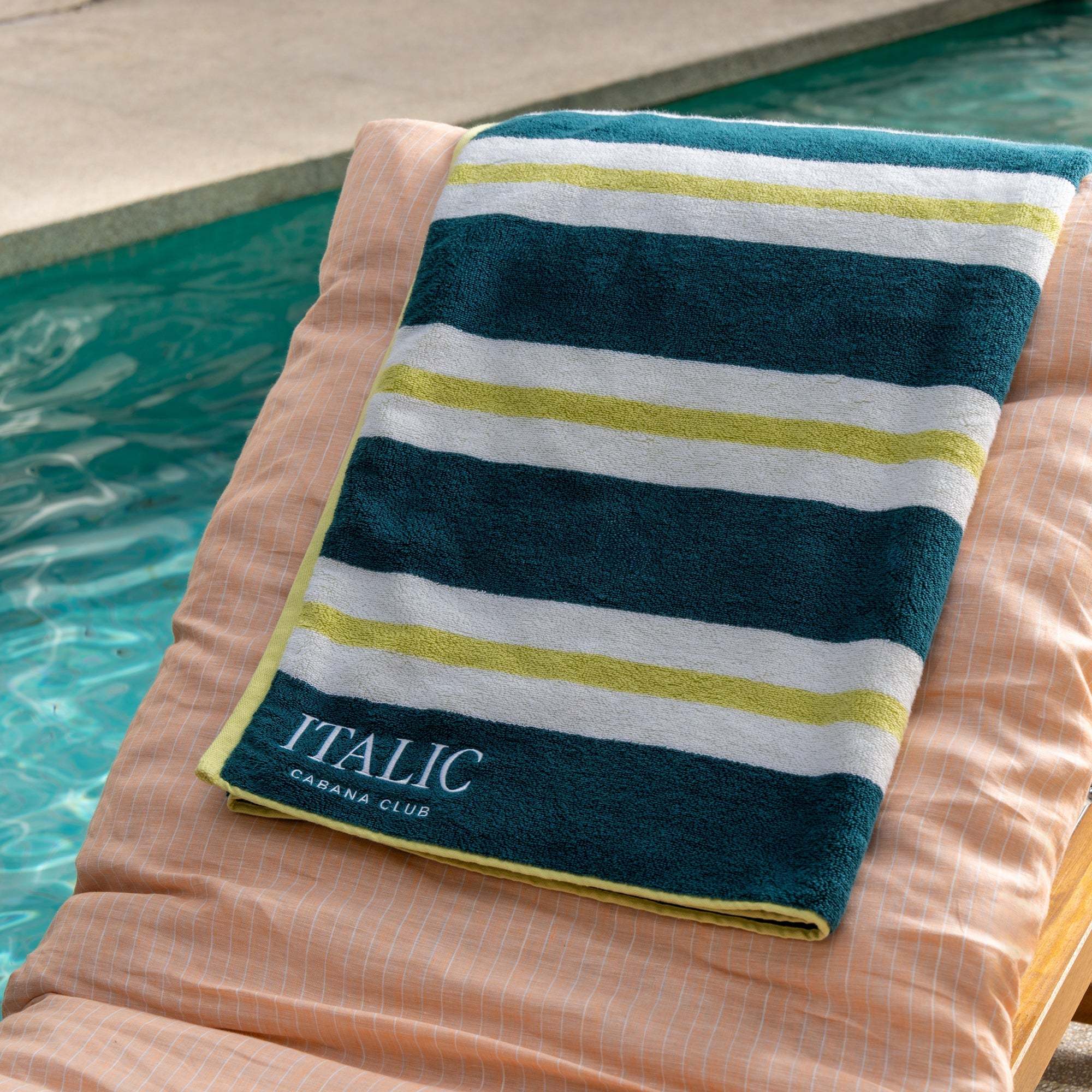 Bondi Australian Cotton beach towel with plush horizontal navy, white and lime stripes and an embroidered logo