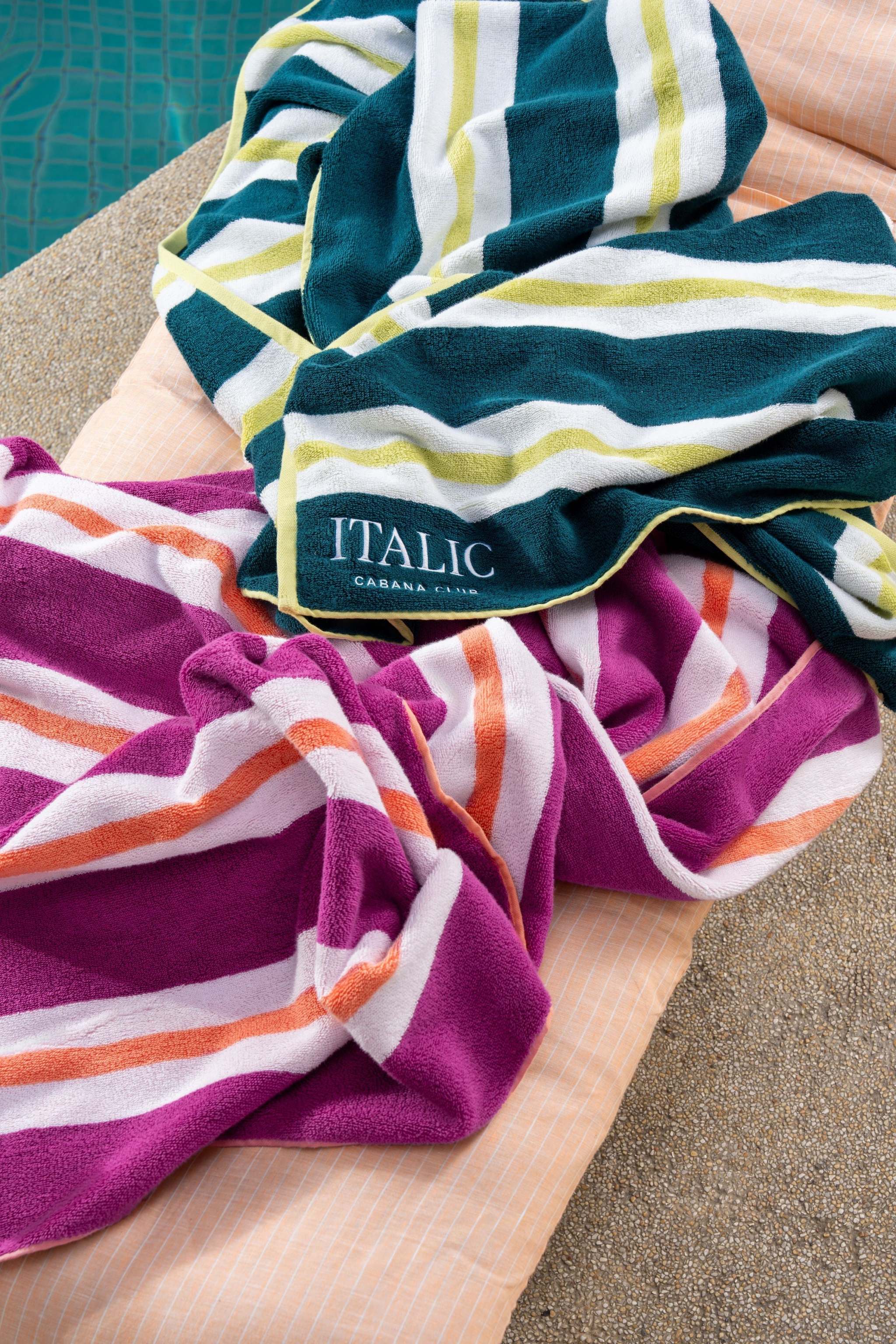 Bondi Australian Cotton beach towels in teal, lime, white, magenta and orange striped cotton with plush texture