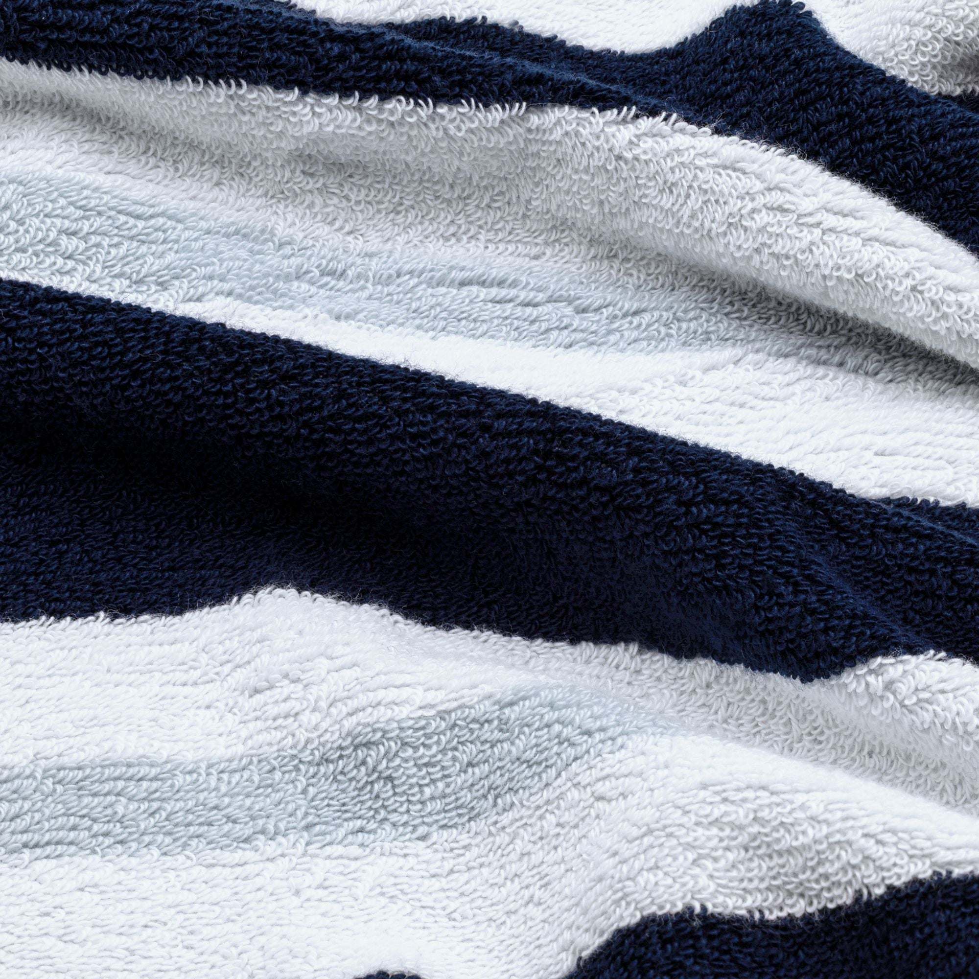 Bondi Australian Cotton beach towel with plush terry texture and bold navy, white, and pale blue stripes