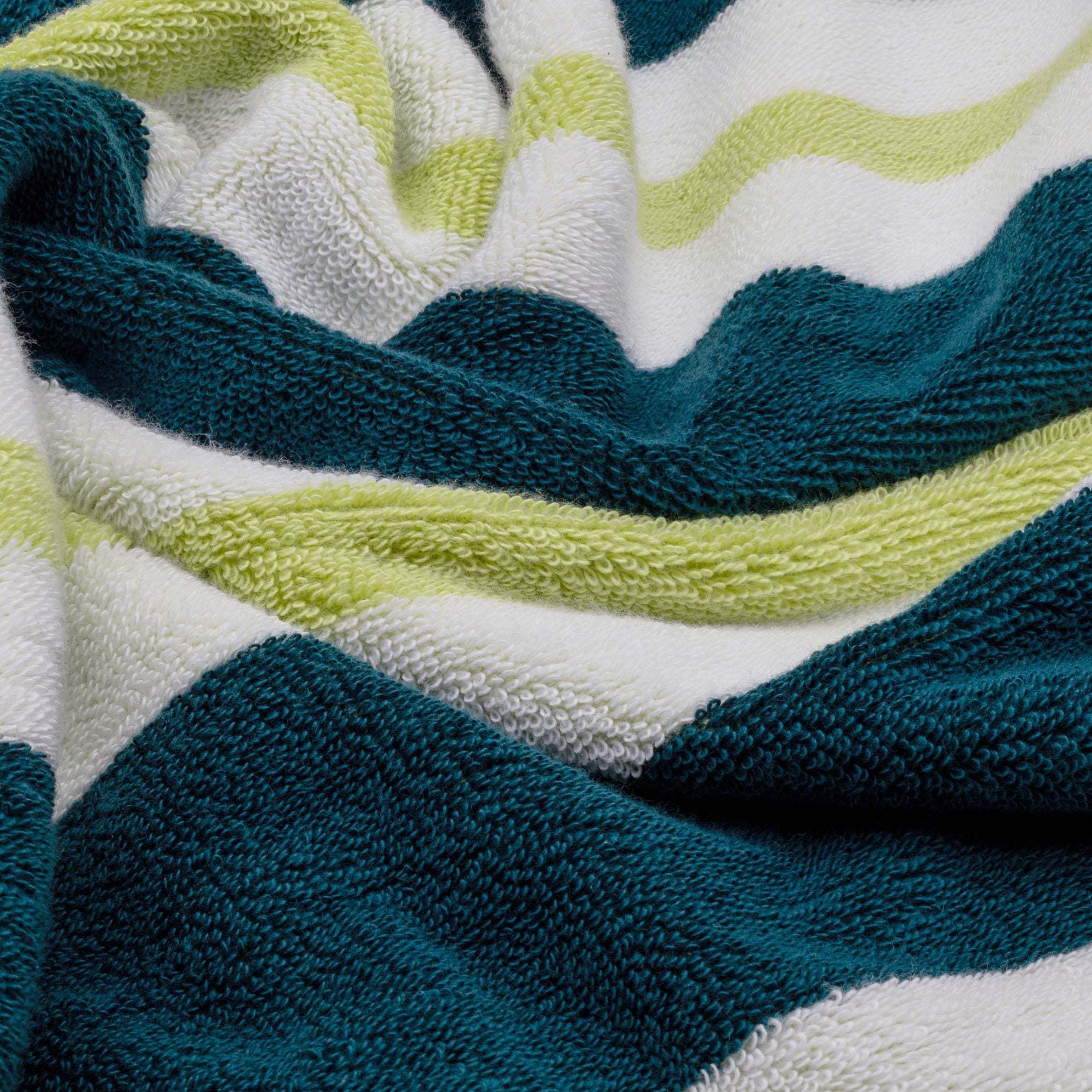 Bondi Australian Cotton beach towel with plush terry texture and bold wavy stripes in teal, lime green, and white