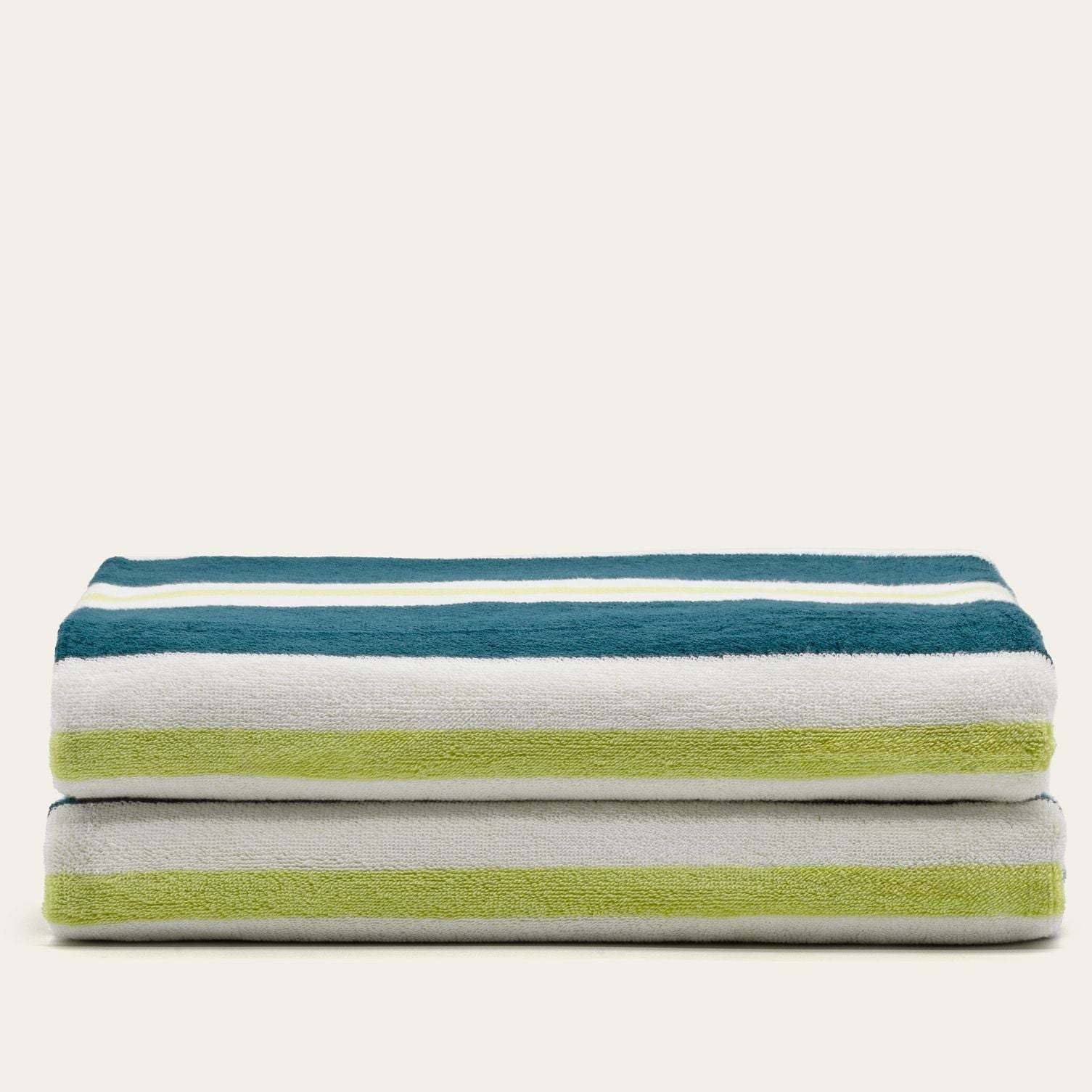 Bondi Australian Cotton beach towel with plush terry texture and bold teal, white, and pistachio stripes