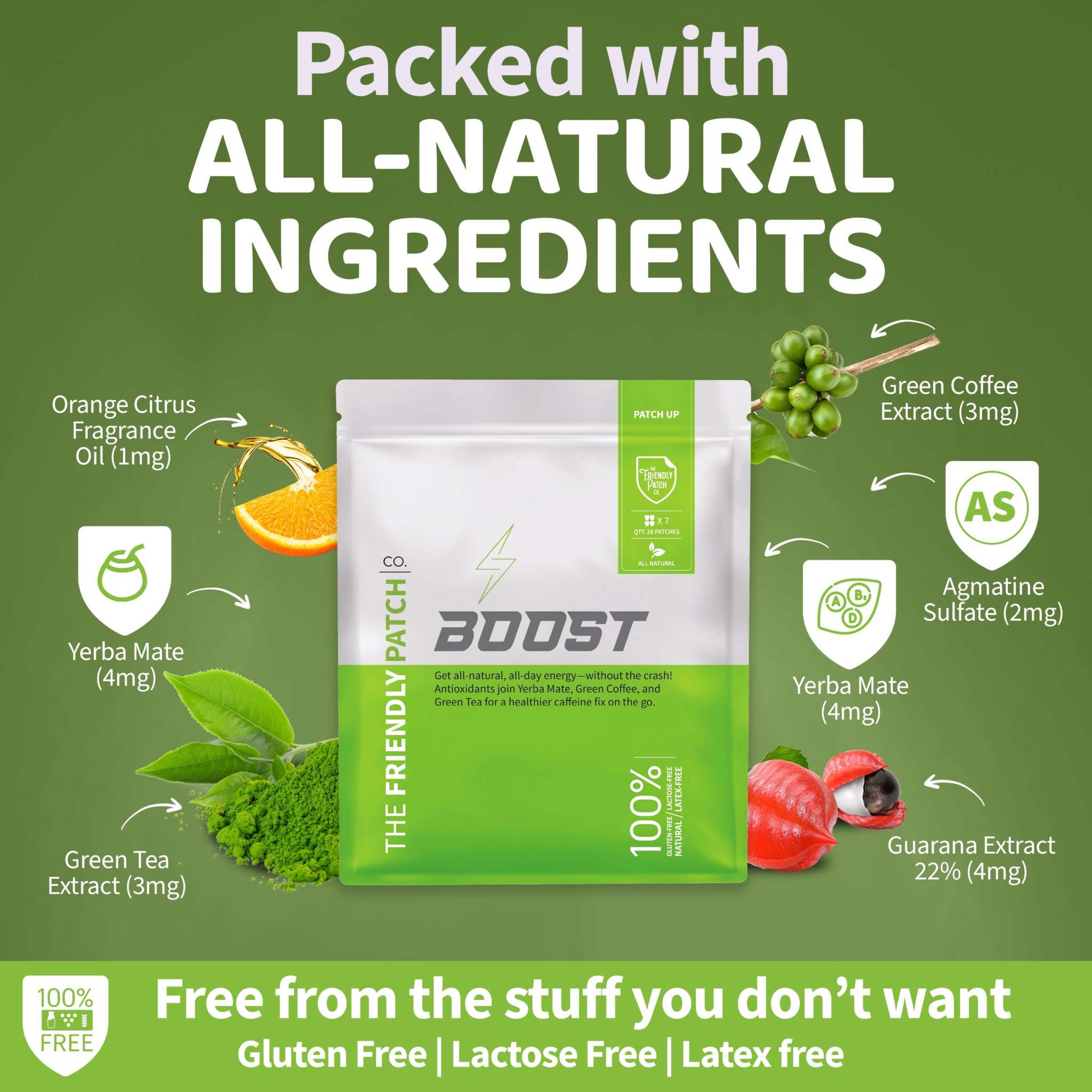 Boost Energy Patches in a green and white pouch, featuring natural ingredient graphics and 100% vegan labeling